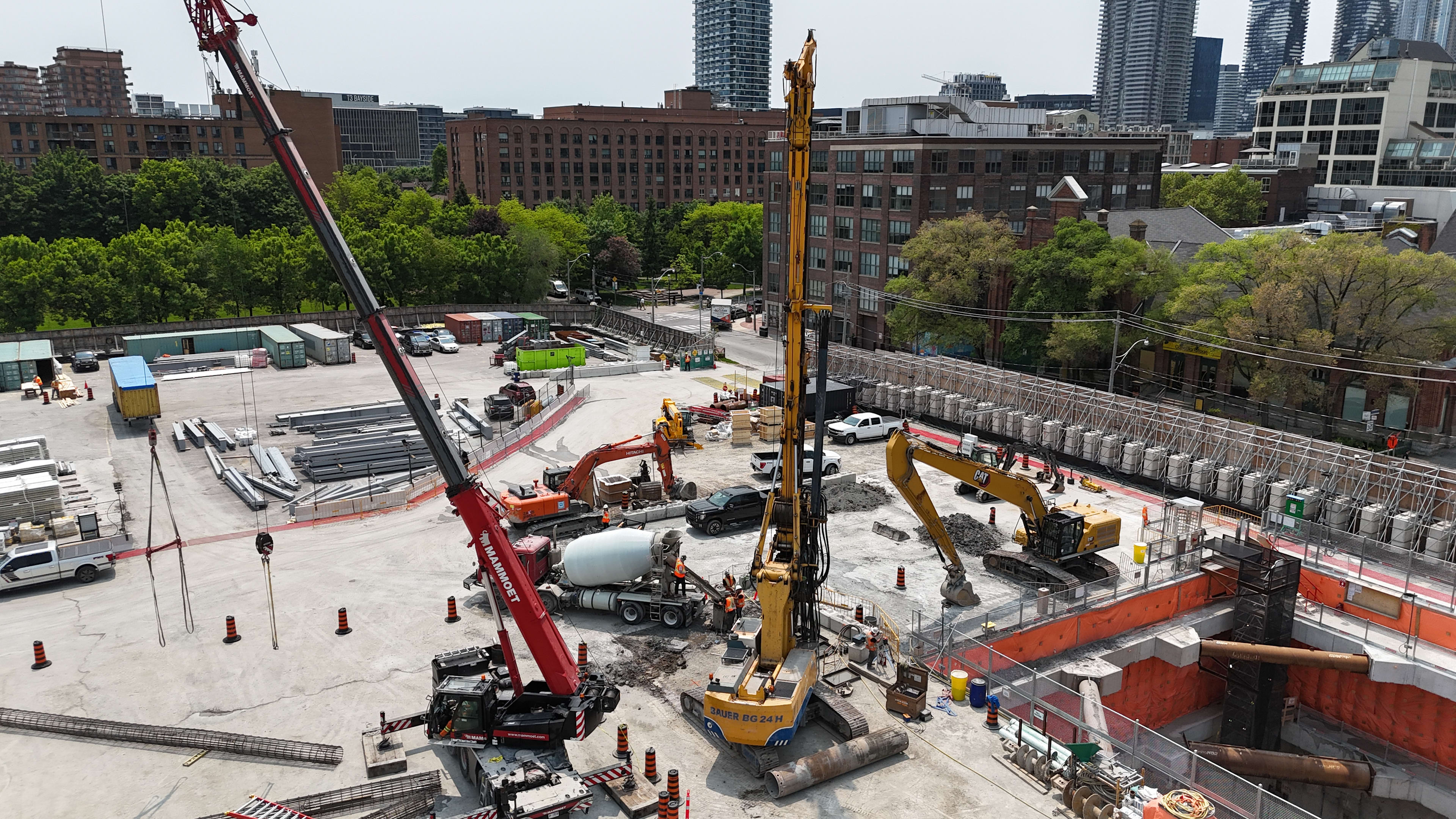 Example of a red mobile crane at Moss Park station