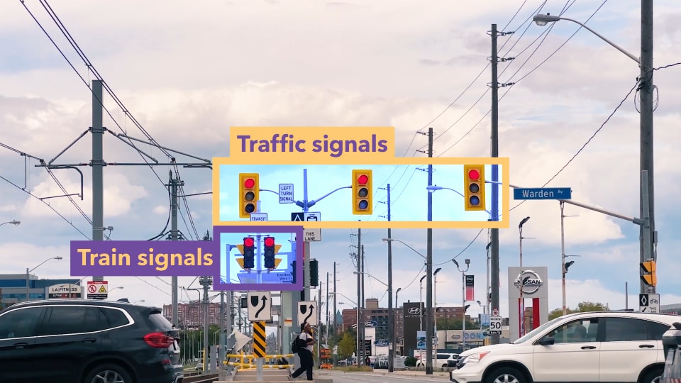 Graphic showing train and traffic signals along LRT route