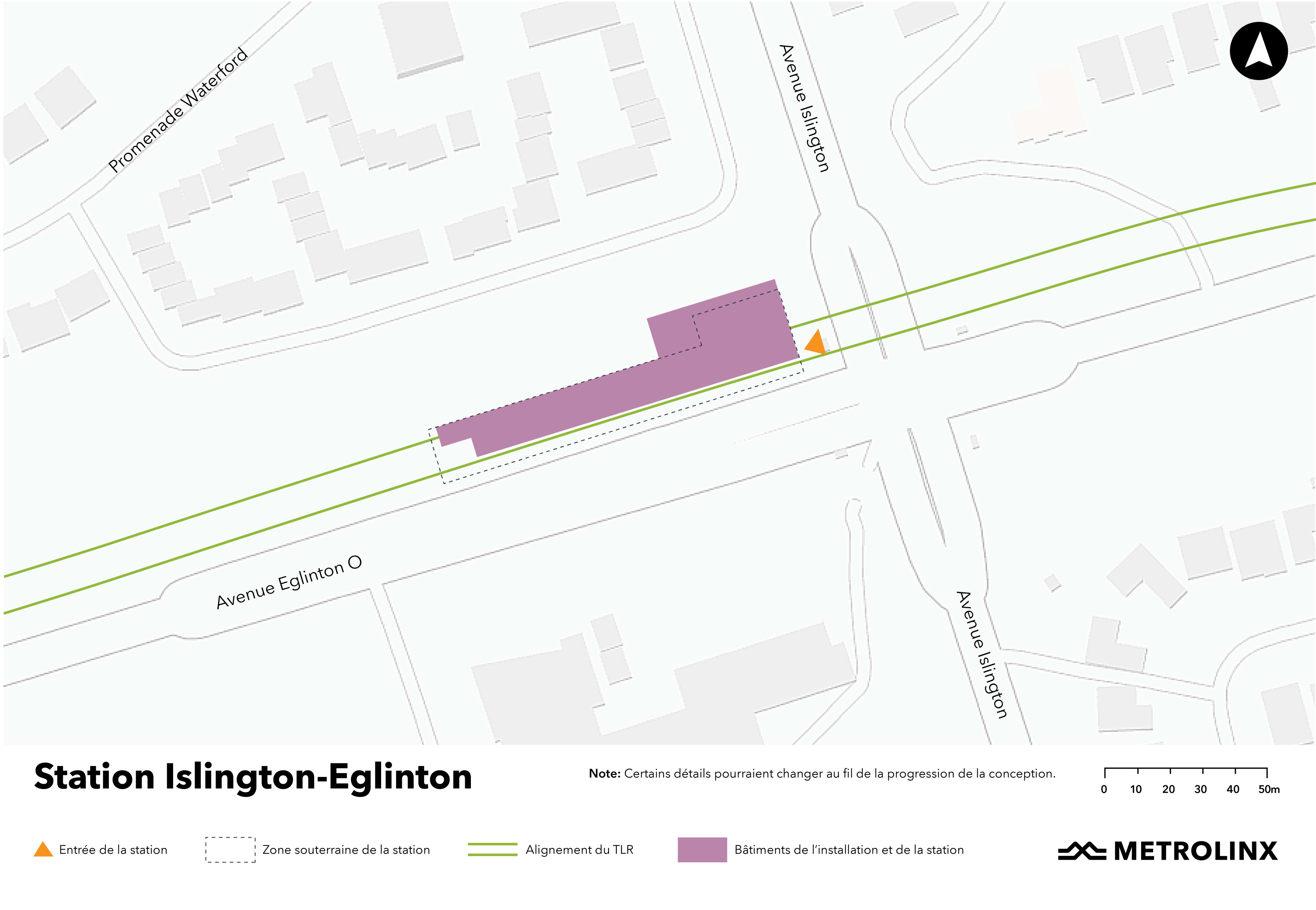 Une carte de la zone autour de la future station Islington-Eglinton