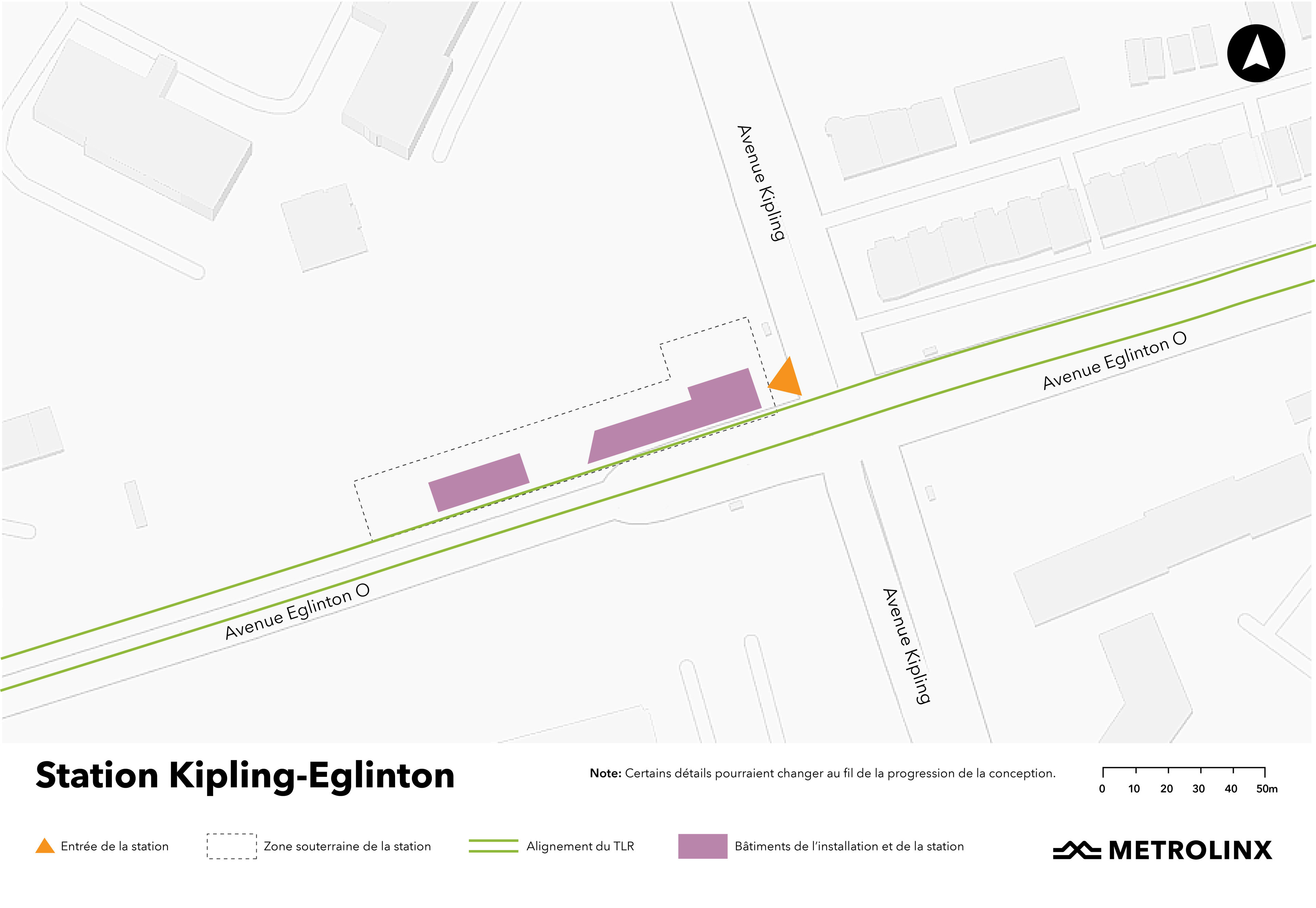 Une carte de la zone autour de la future station Kipling-Eglinton