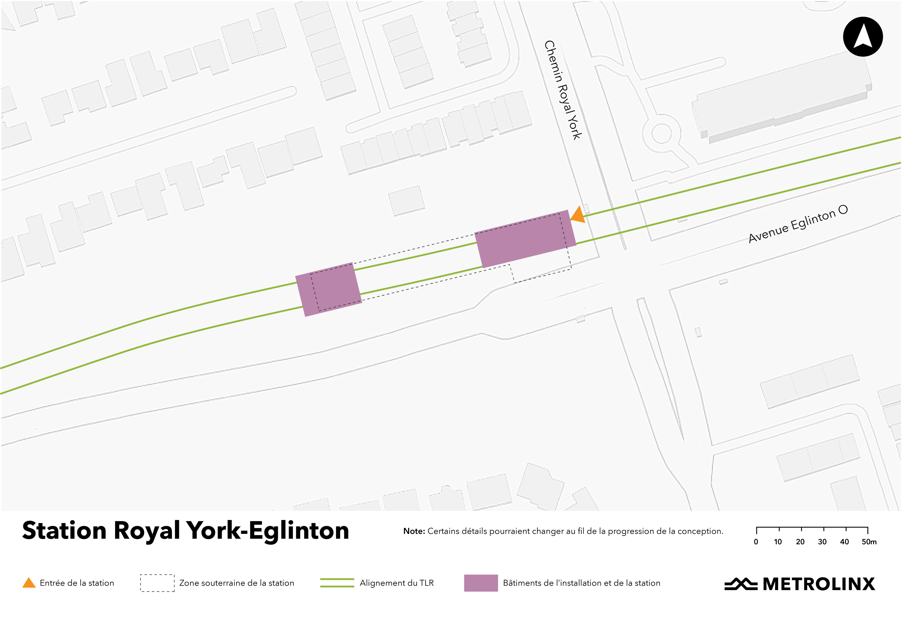 Une carte de la zone autour de la future station Royal York-Eglinton