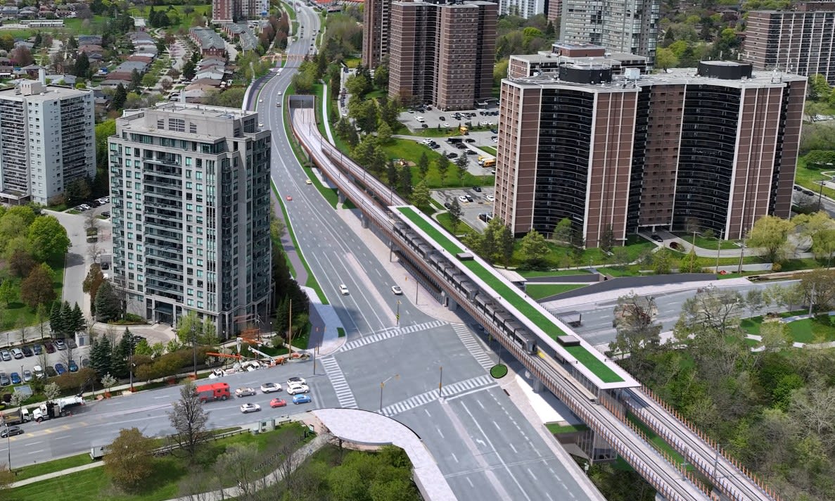 A rendering of the future elevated section of the Eglinton Crosstown West Extension.
