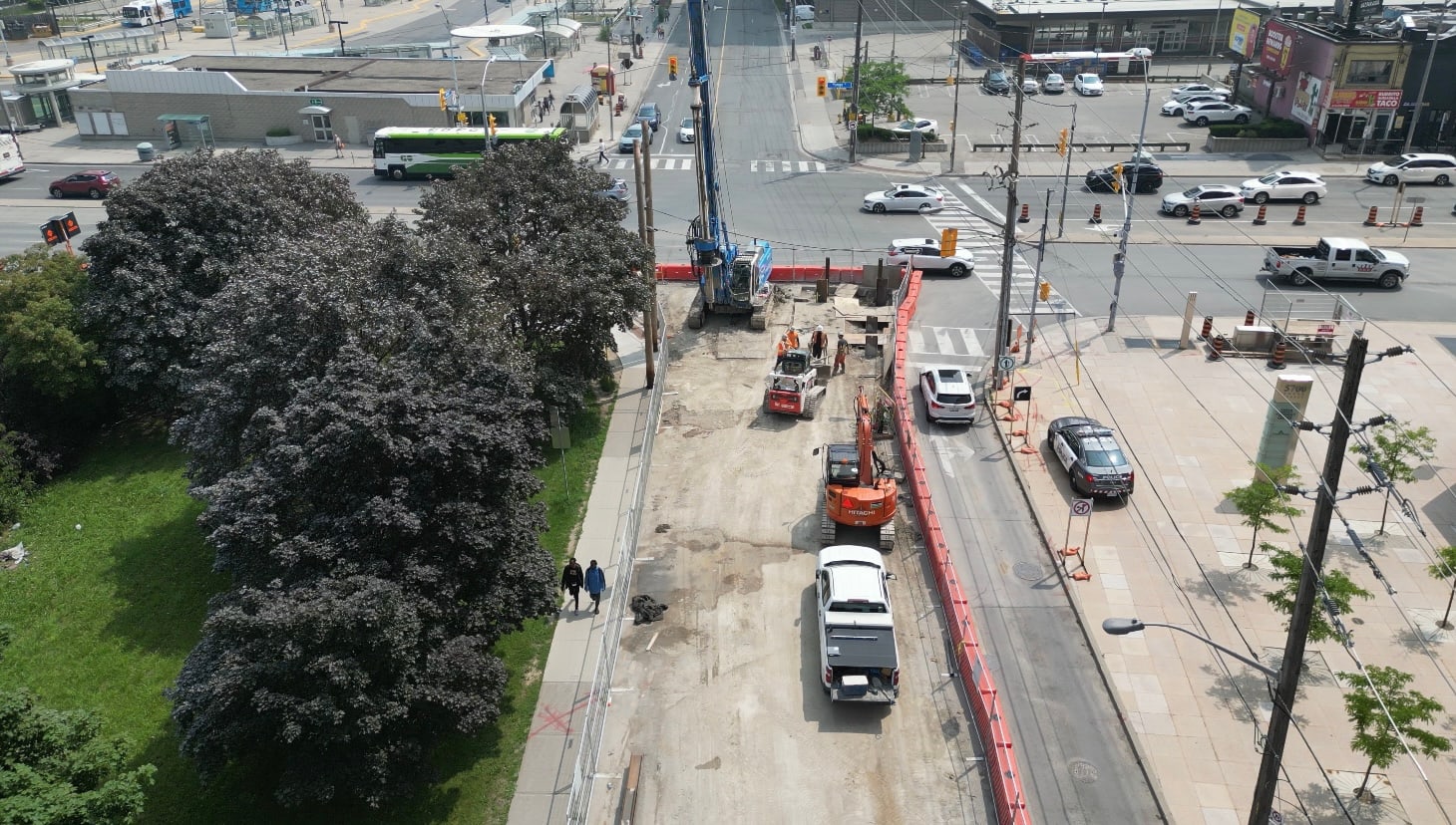 Aerial view of street-level work outside Finch Station for the Yonge North Subway Extension