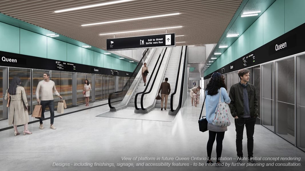 Interior rendering of future Ontario Line Queen Station platform