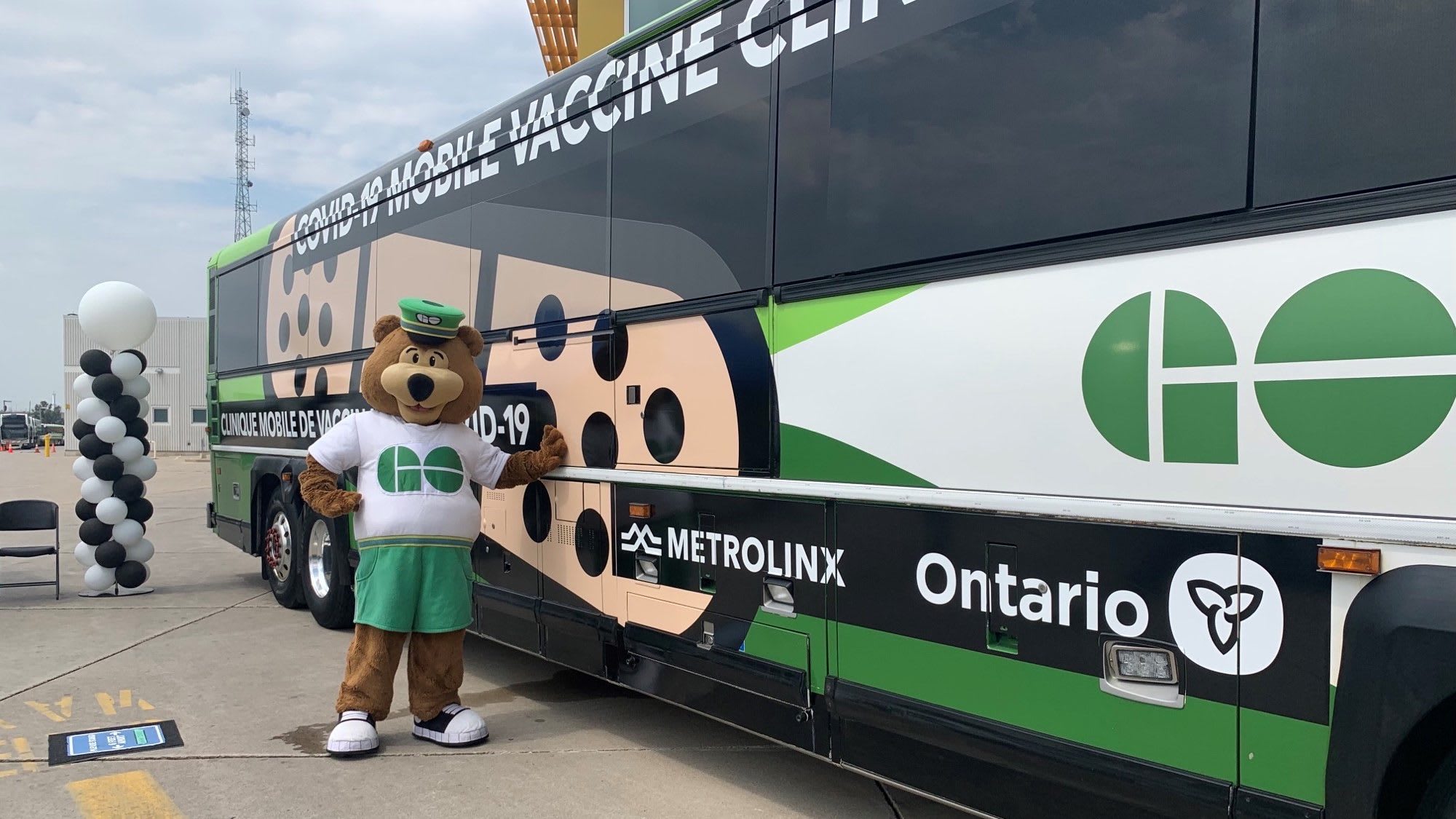 GO Bear stands with one of the newly minted GO-VAXX buses