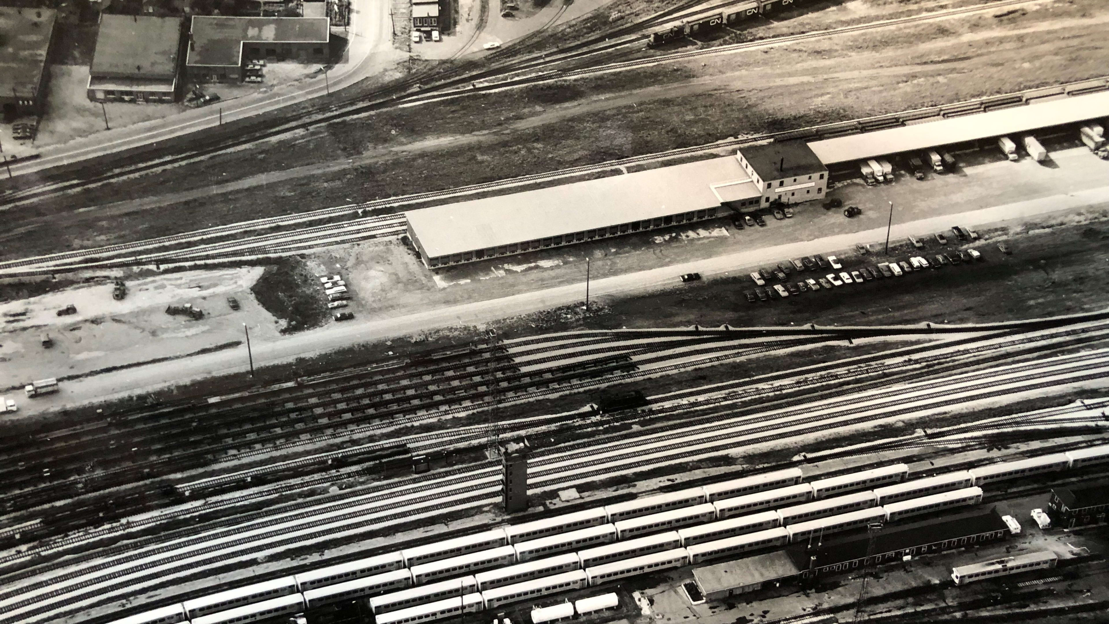 GO trains line up in Willowbrook, as they undergo service at the rail maintenance station.