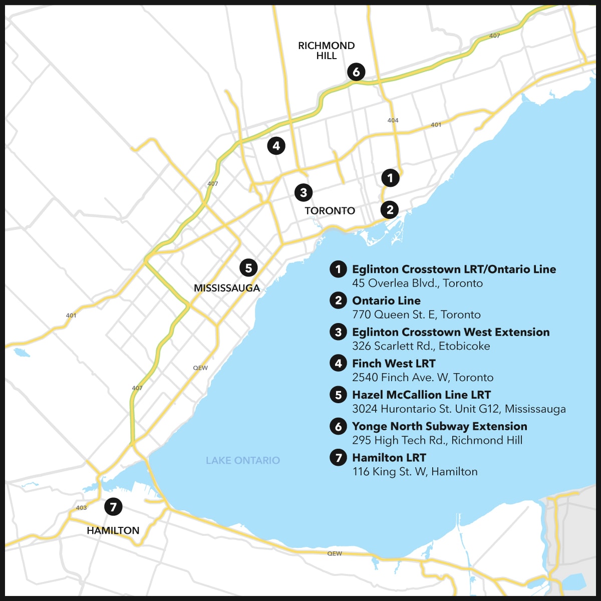 A January 2025 map of Metrolinx Community Offices