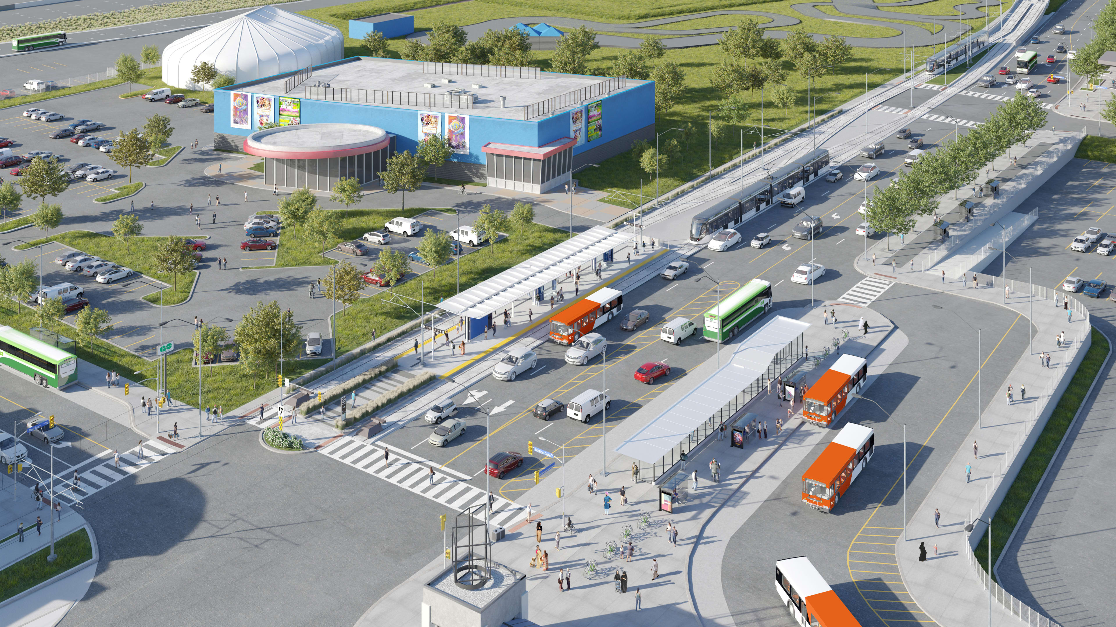 Rendering shows the LRT as part of the transit hub at City Centre in Mississauga