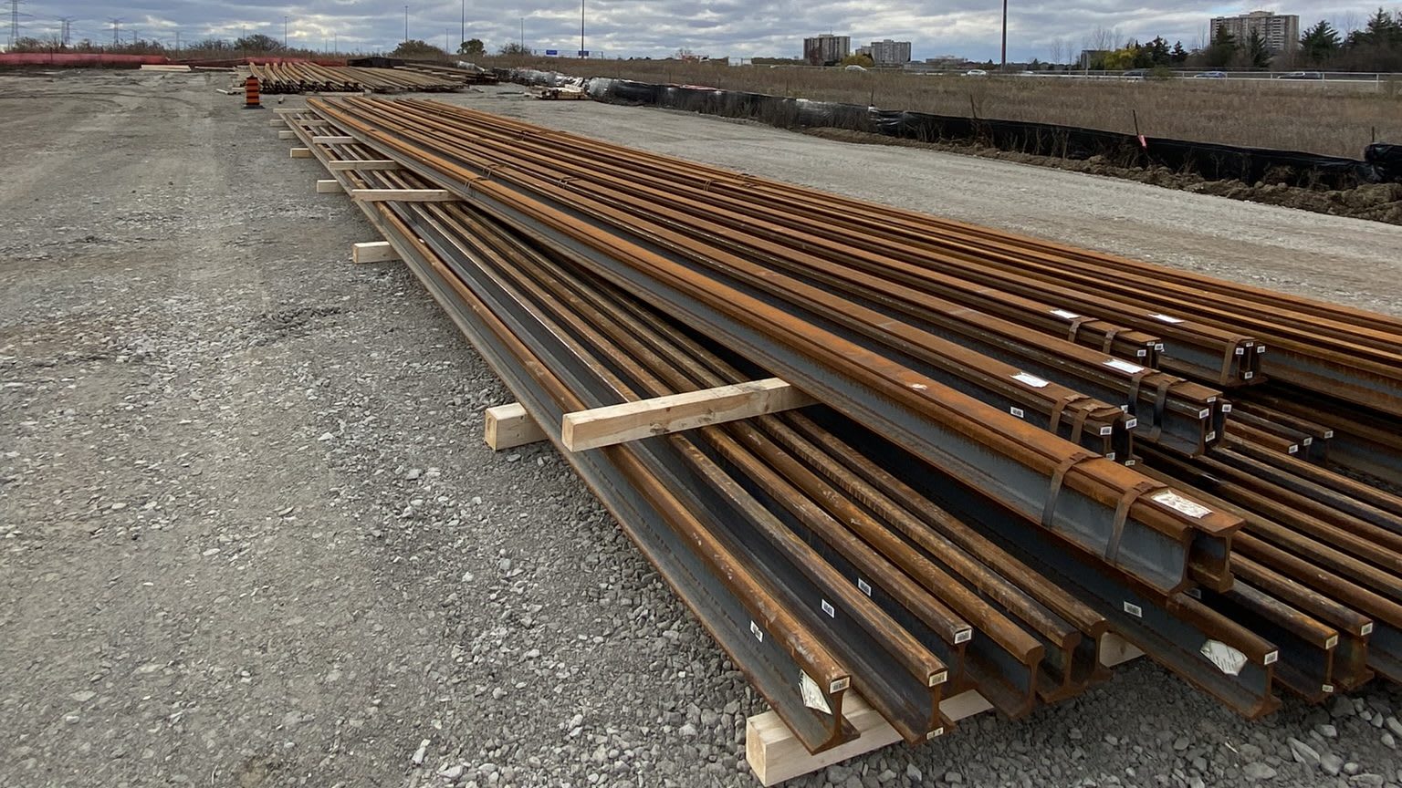 A recent shipment of tracks sits at the OMSF in Brampton