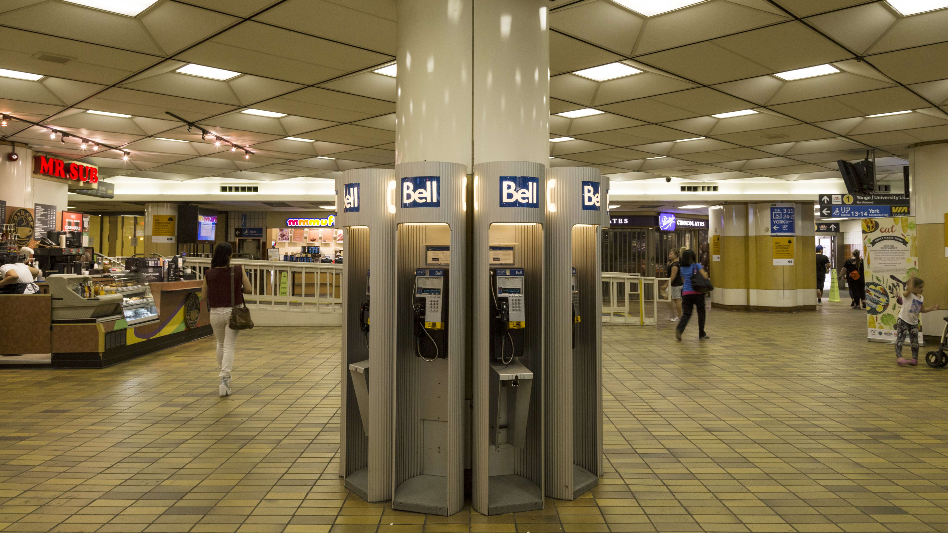 a closeup of the payphone bank in the old bay concourse