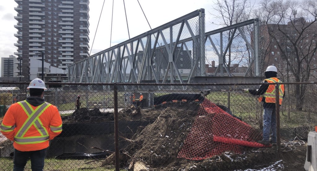 bridge being lowered into place