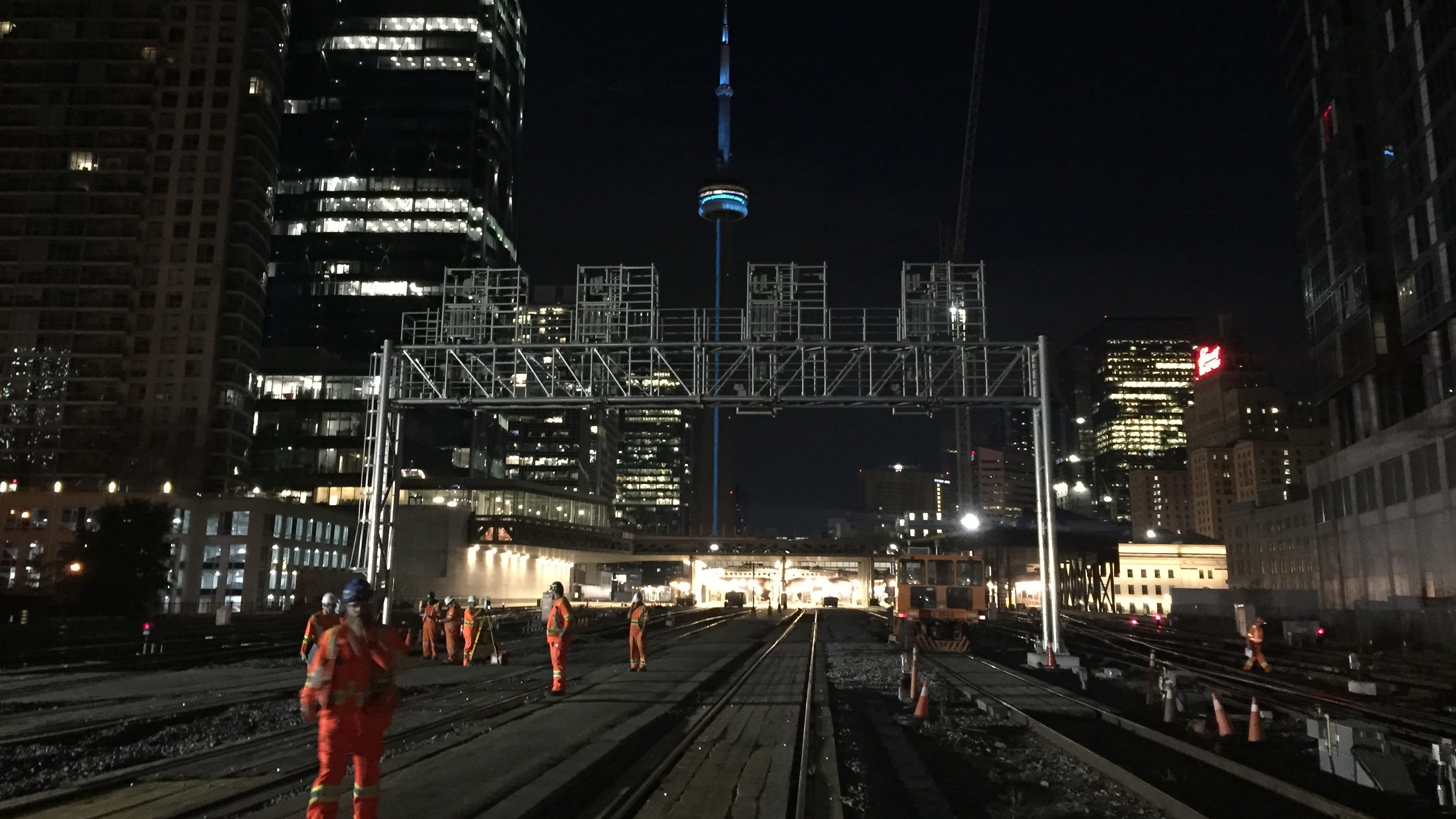 Night construction of a signal bridge along the Union Station rail corridor.