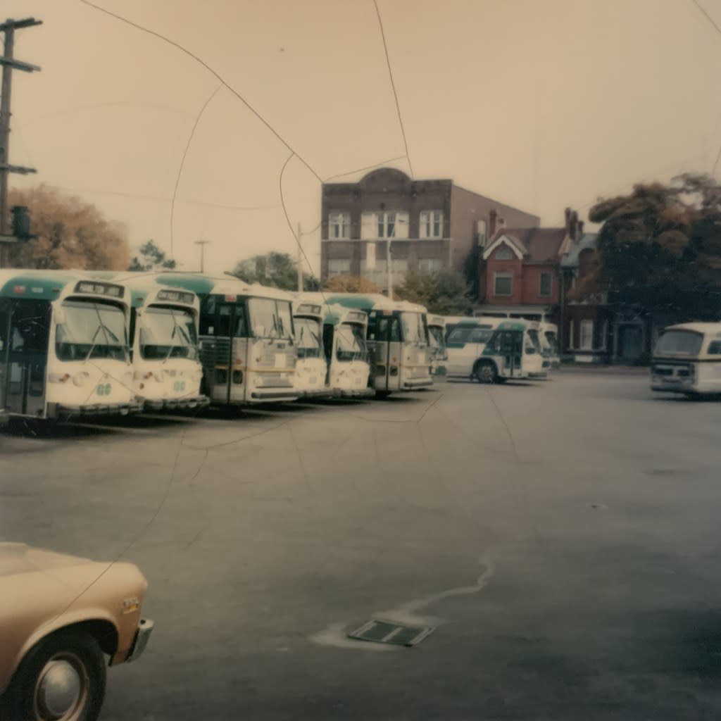 Buses are parked.