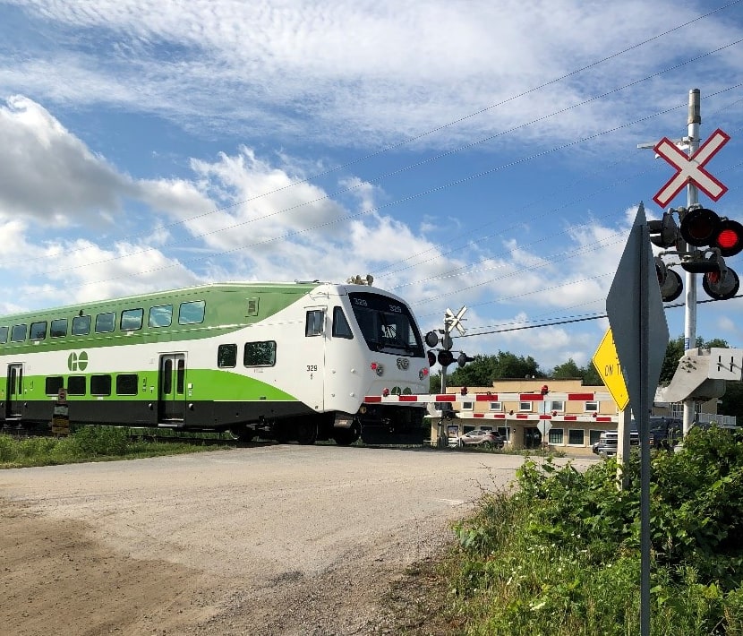 a train at a crossing.