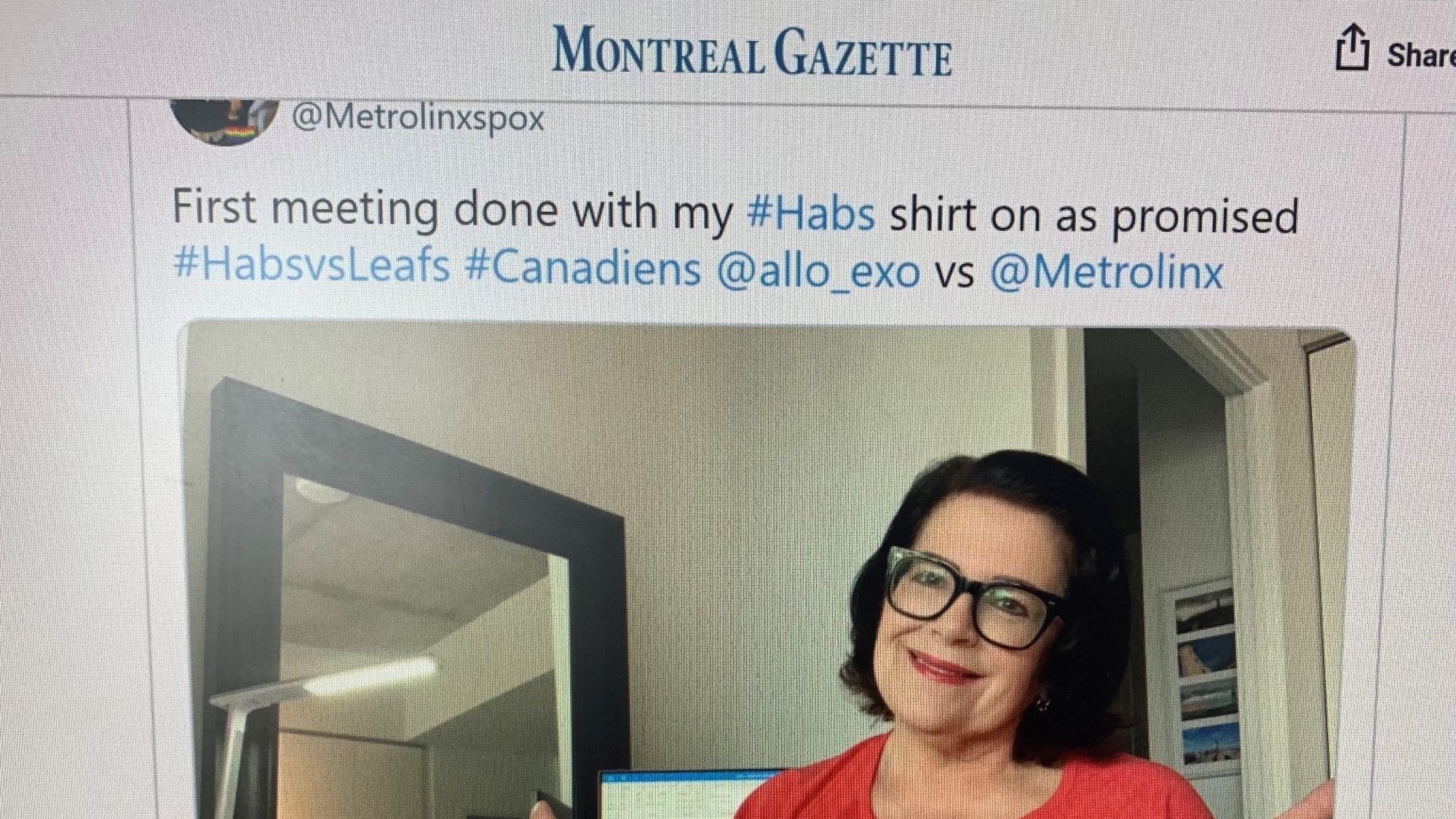 Anne Marie shows her Montreal Canadians shirt on the Montreal Gazette site.