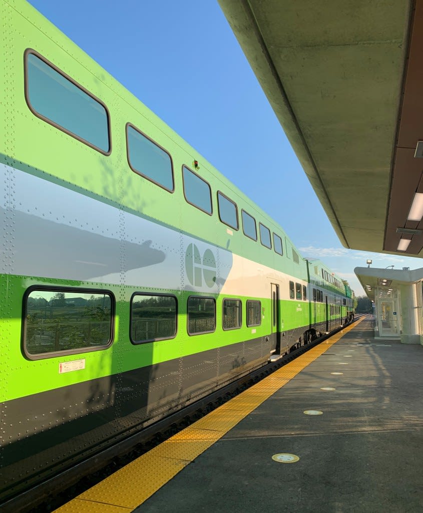 A train waits at the platform.