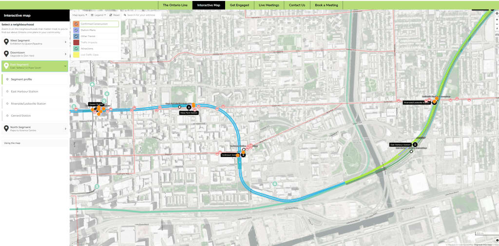 A screenshot showing part of the new interactive map on Metrolinx Engage