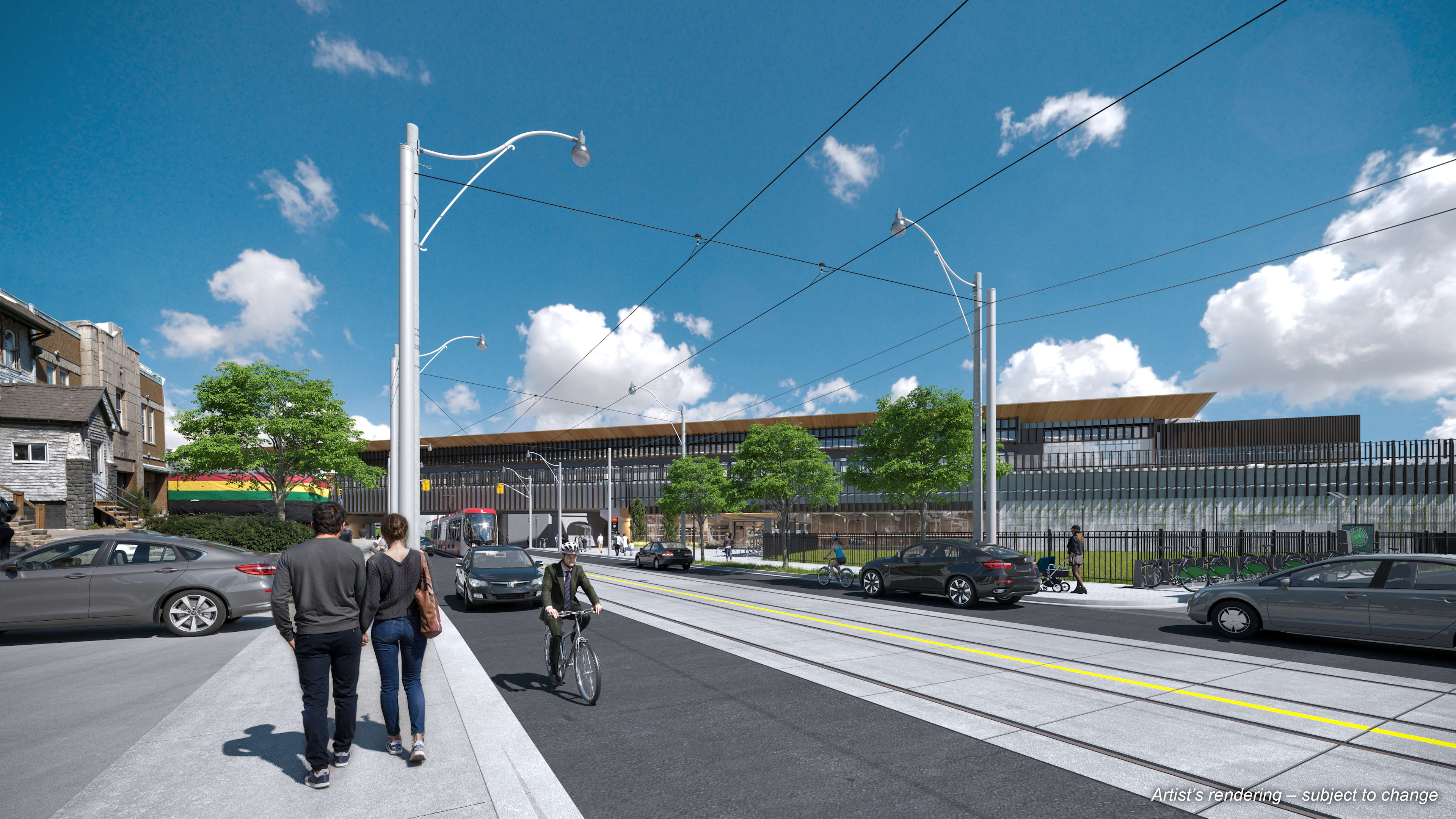 A rendering of the future Ontario Line Gerrard Station with pedestrians, cyclist, and TTC streetcar.