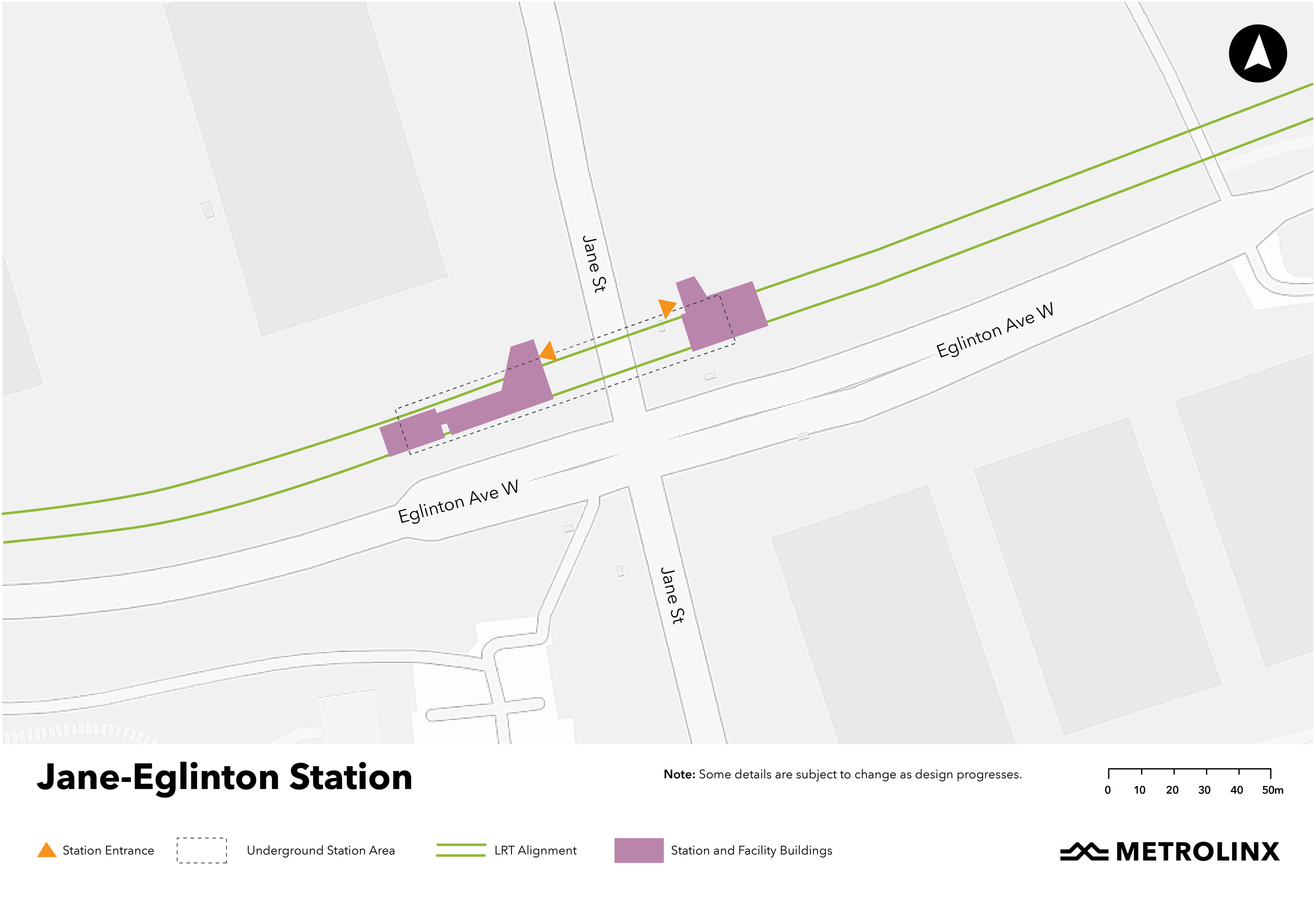 A map of the area around the future Jane-Eglinton Station