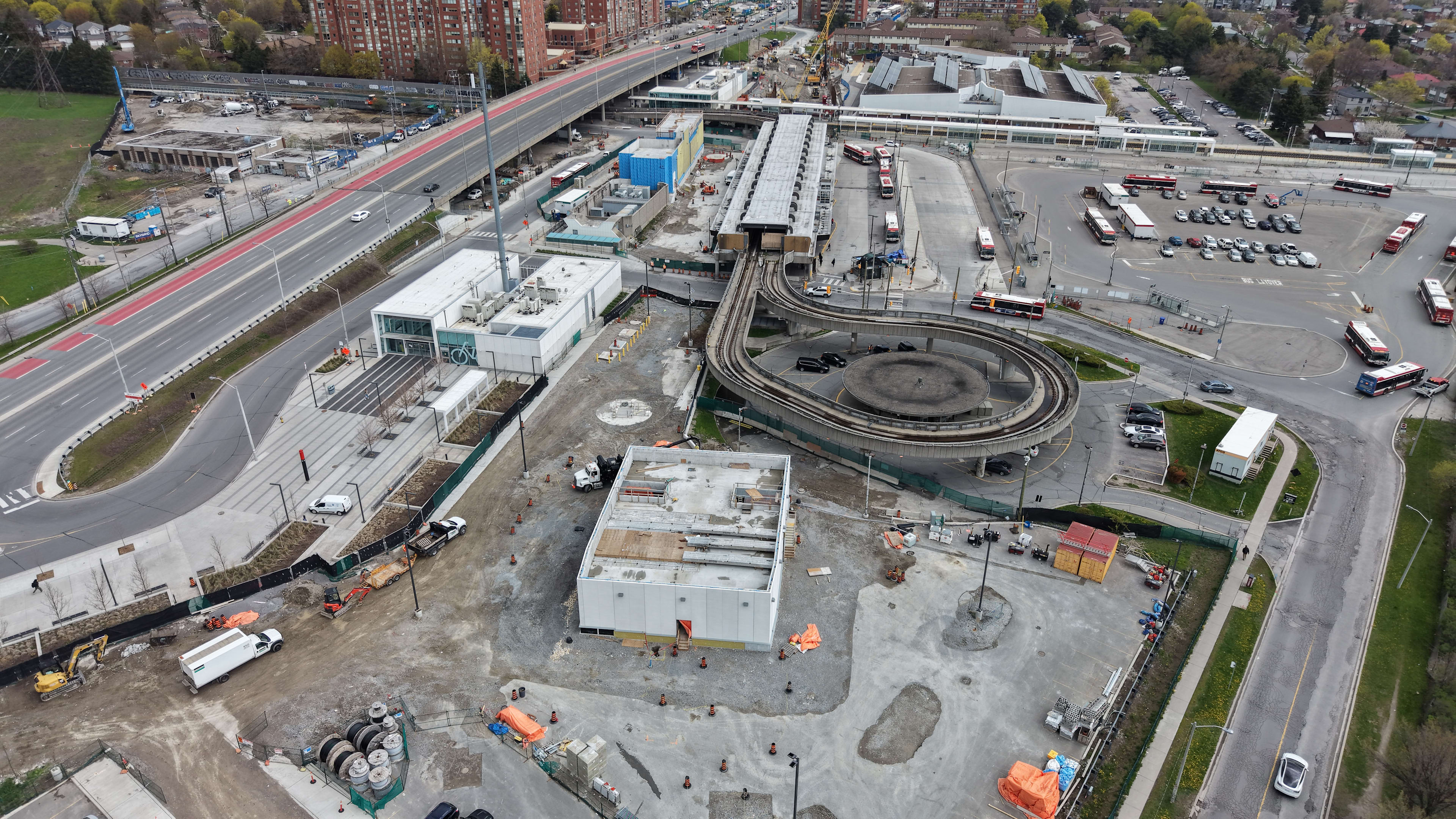 A construction site with various machinery.