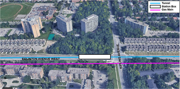 Map showing the location of the station box for the Kipling-Eglinton station.