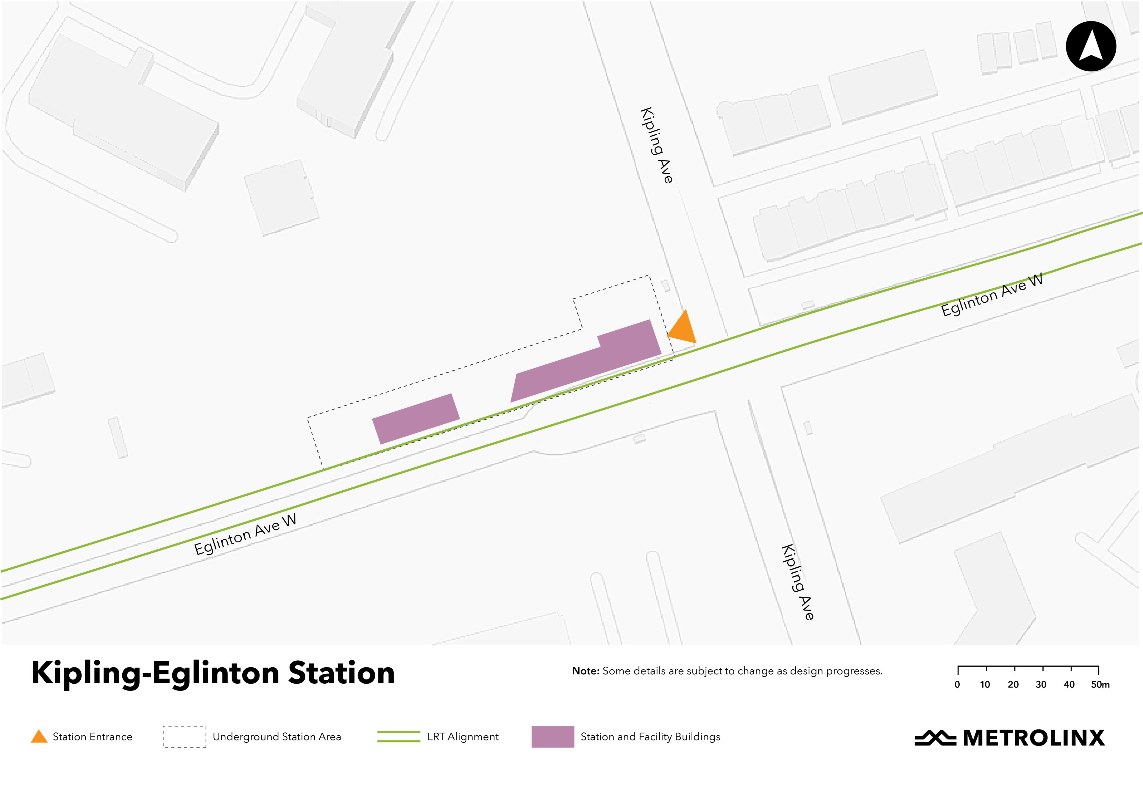 A map of the area around the future Kipling-Eglinton Station