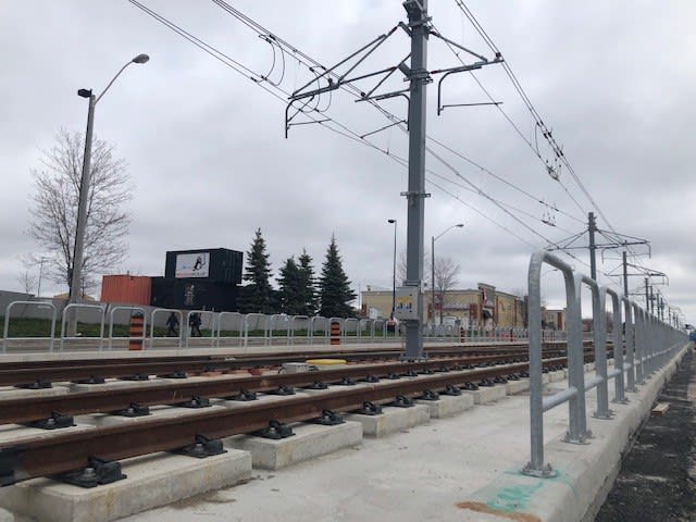 The tracks and overhead catenary system along Eglinton Crosstown LRT route