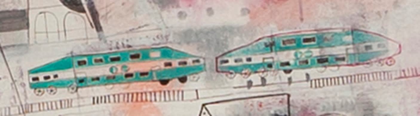 Two GO Trains from the Meeting Place painting