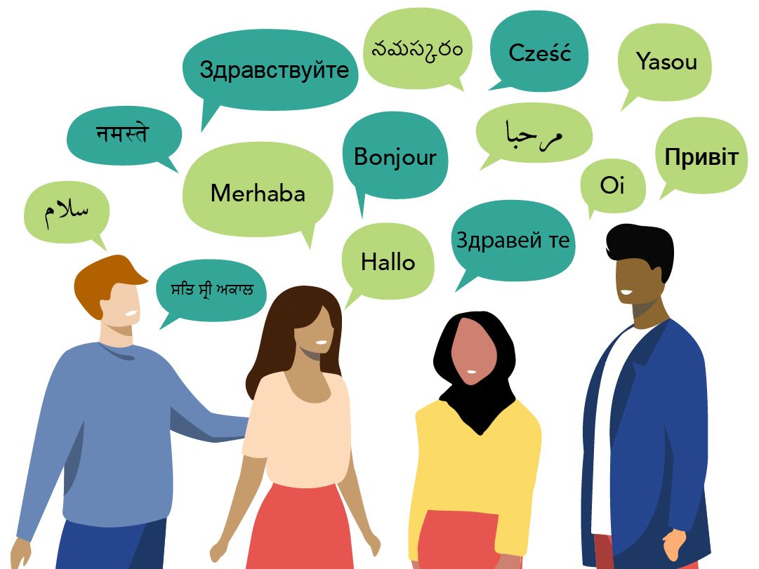 graphic showing people and various language thought bubbles