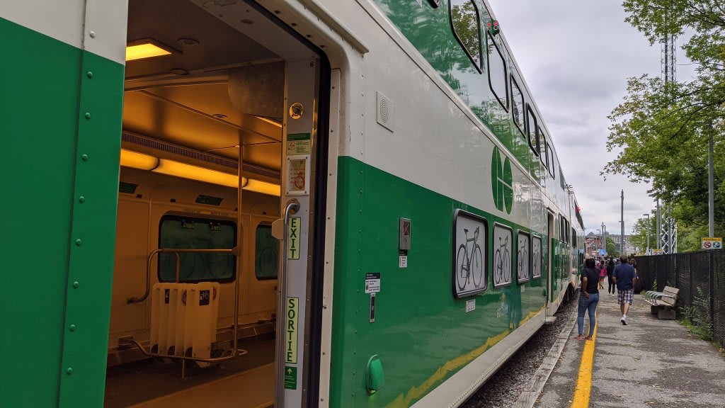 GO customers unloading from the special bike coaches on a Niagara GO Train