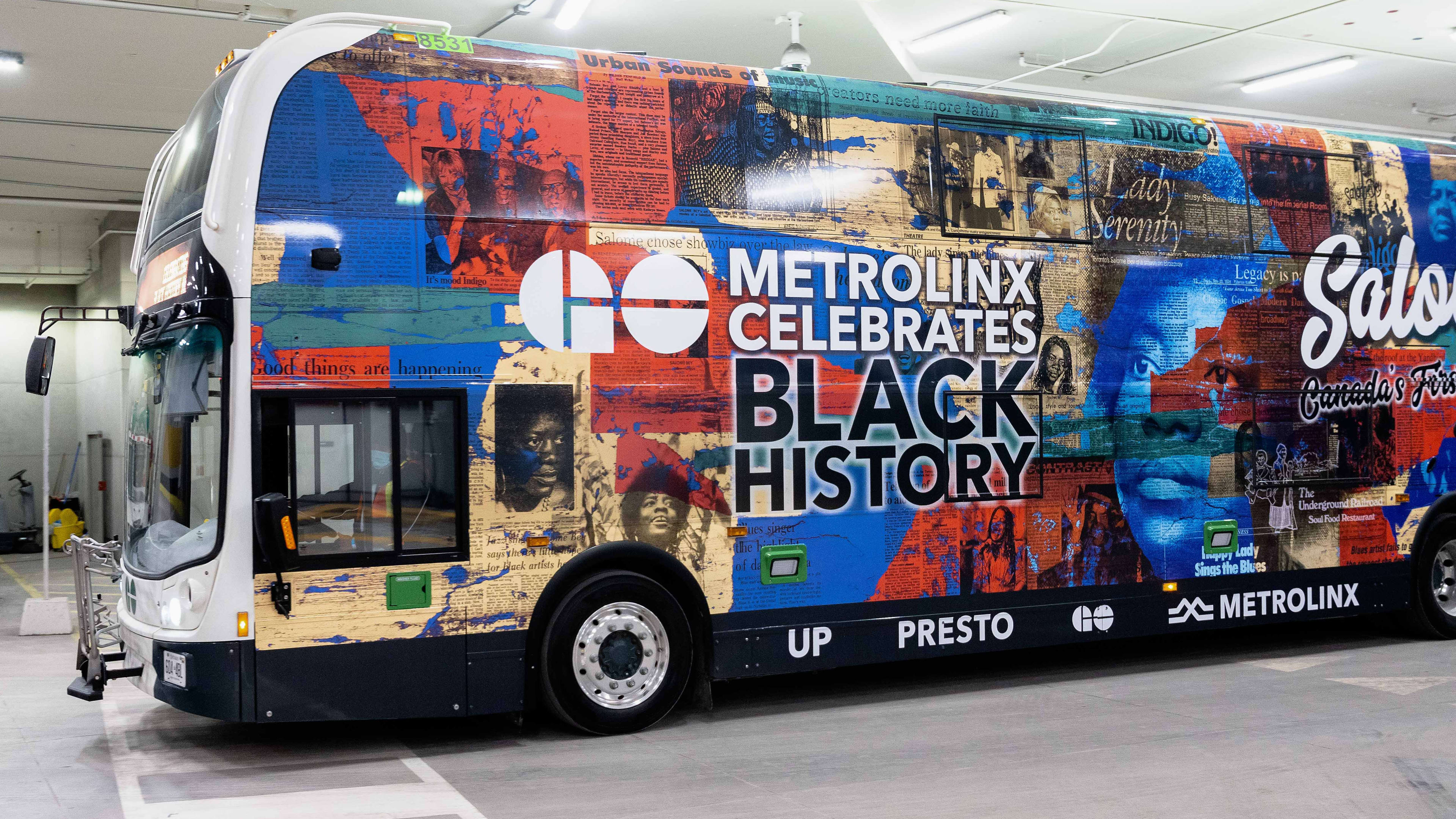 A close up of the new bus wrap inspired by Salome Bey.