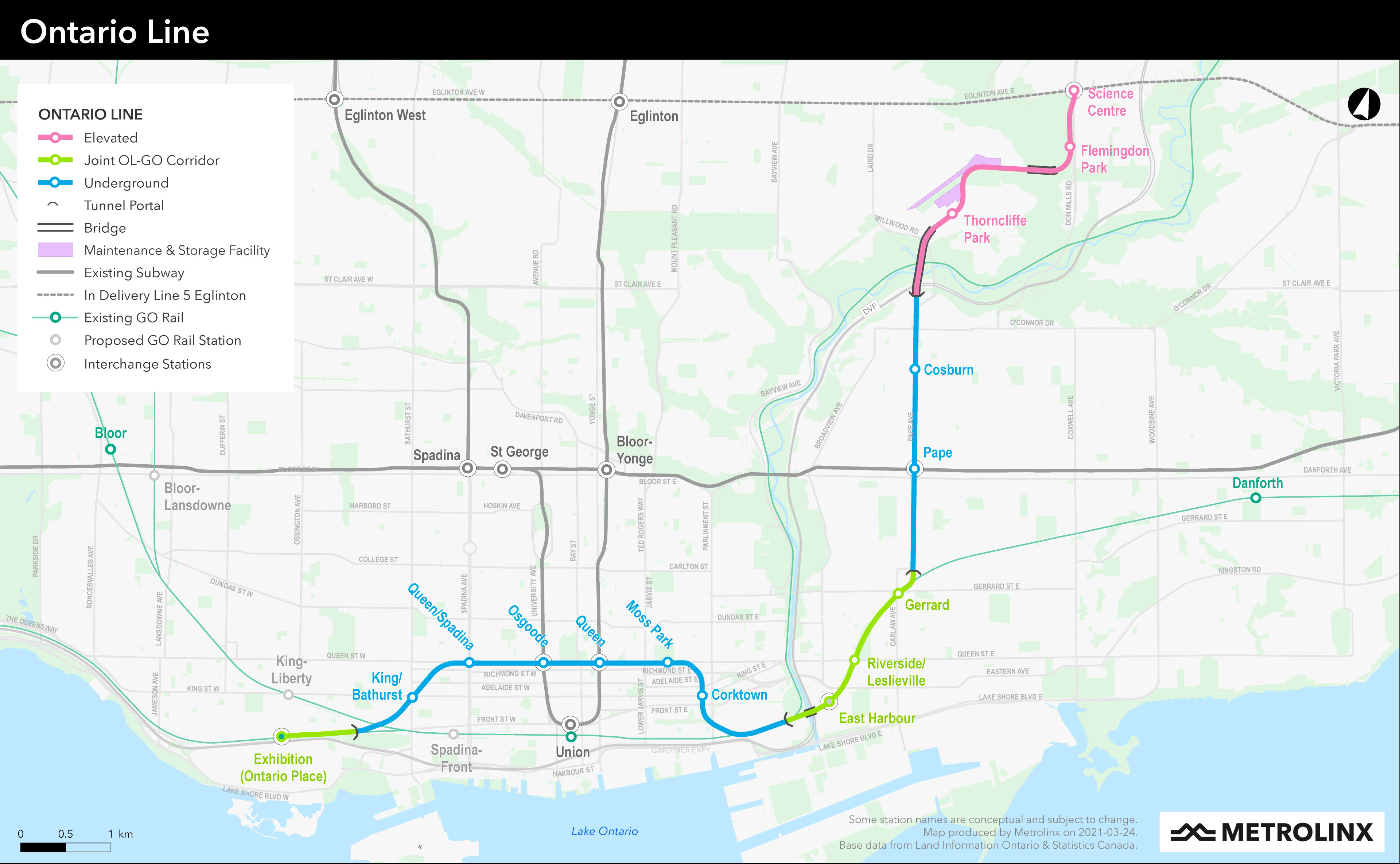 Ontario Line overview map of the full route and stations