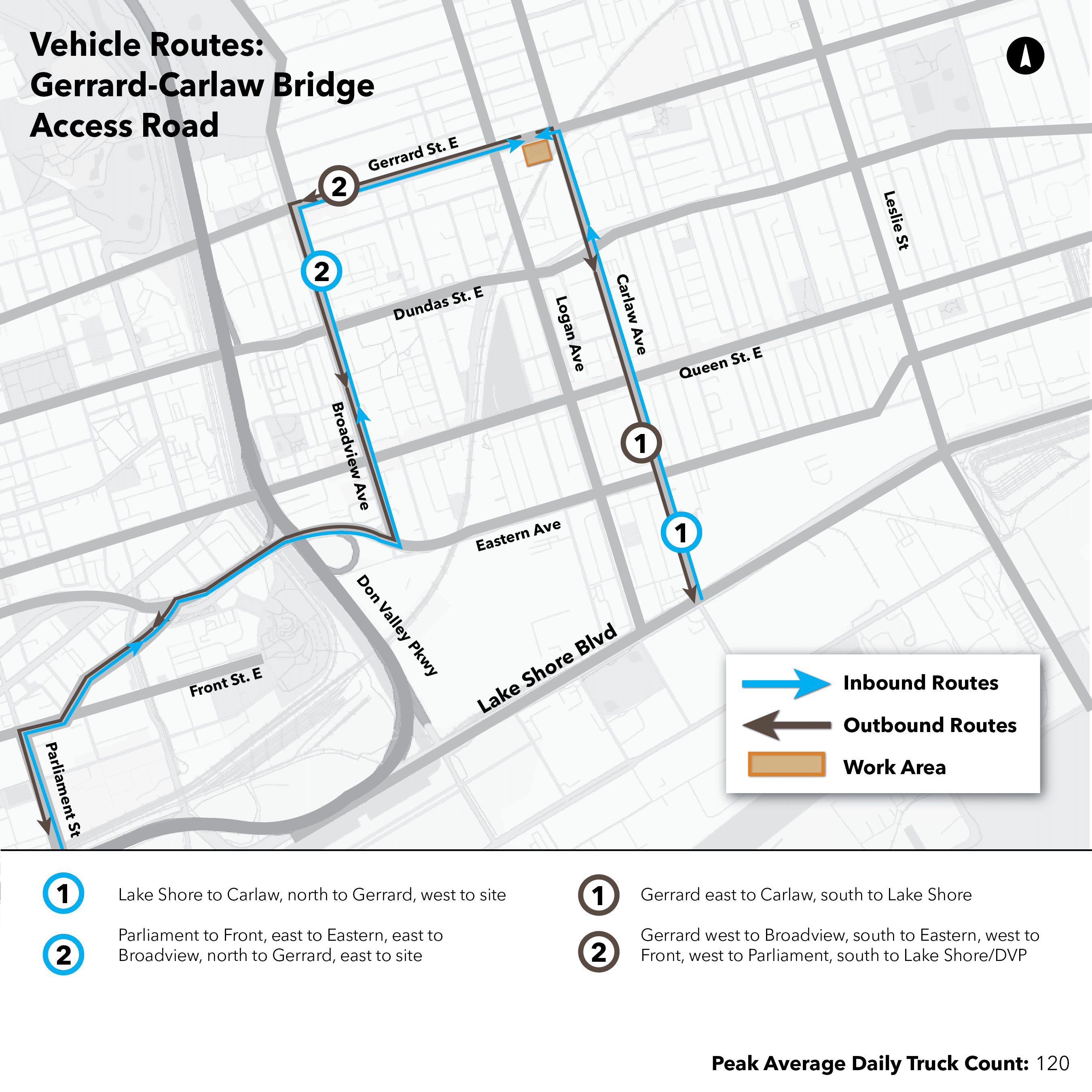 A map showing the truck route to and from the construction site at the Gerrard-Carlaw bridge
