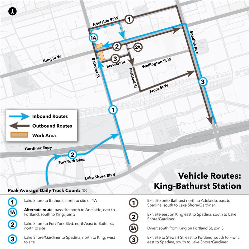 Ontario Line truck route map for the King and Bathurst sites