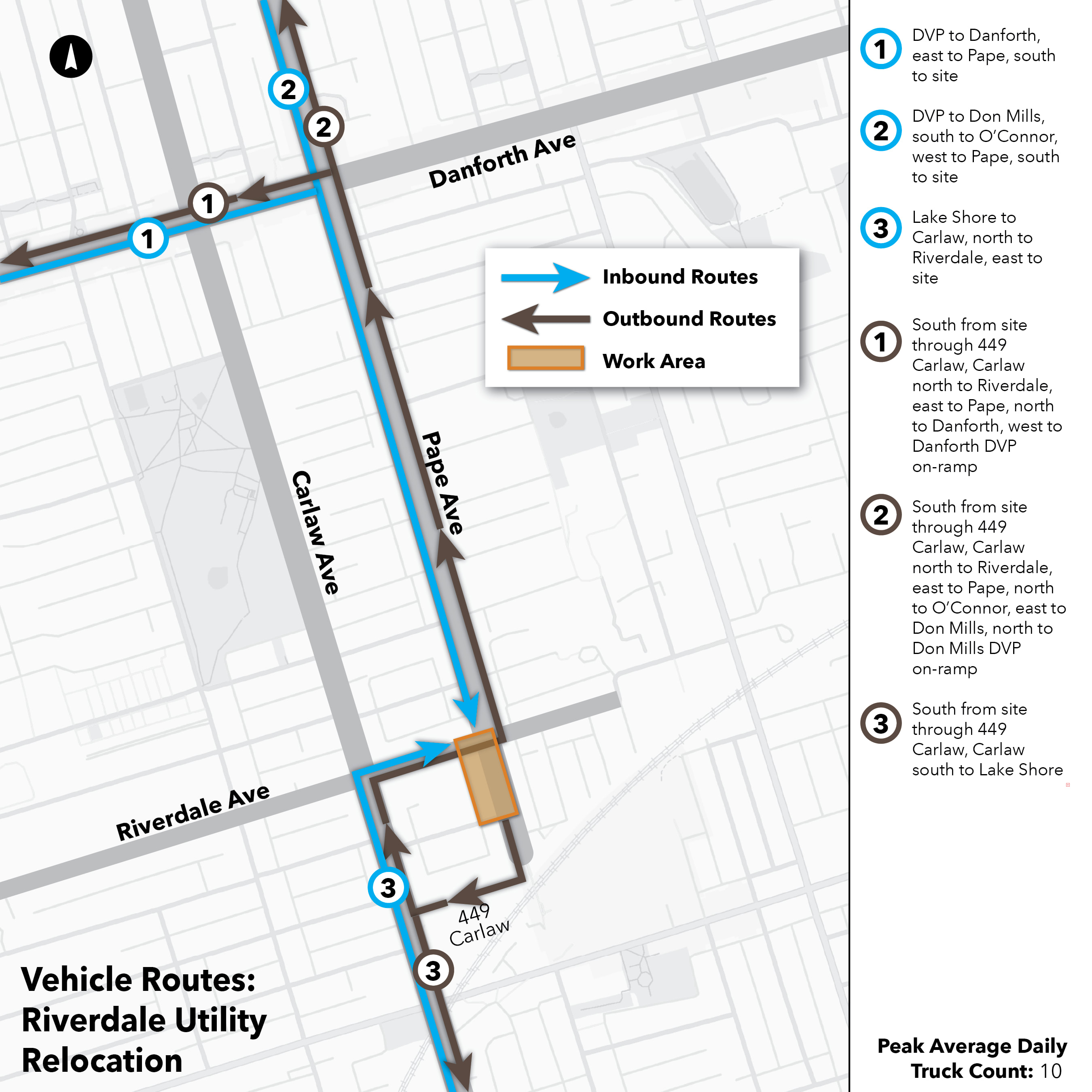 Maps of routes that construction trucks take to and from Ontario Line work sites