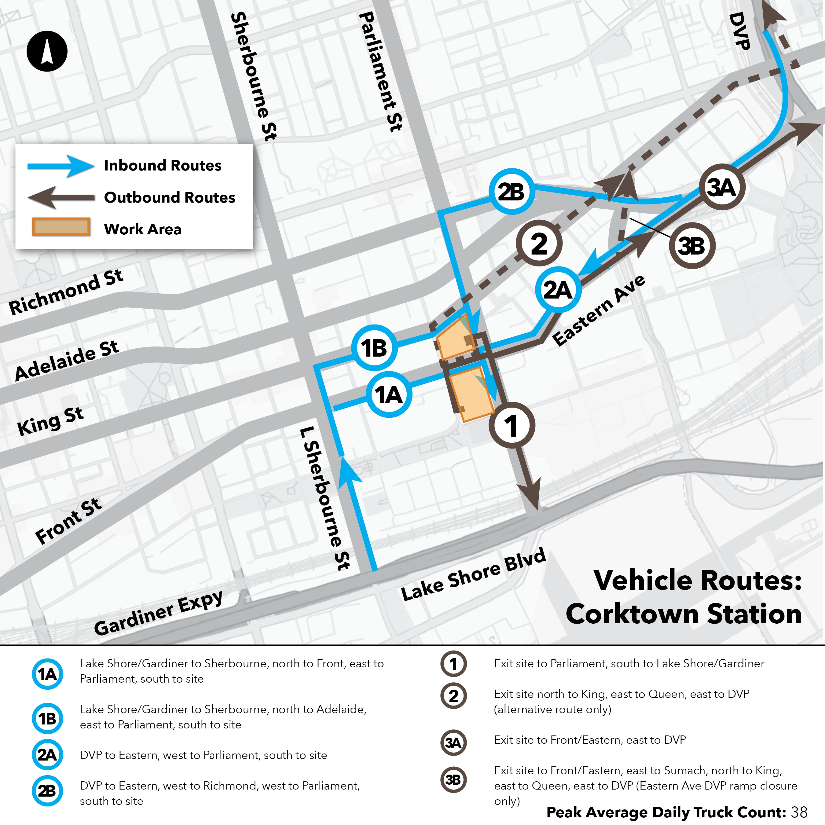 Maps of routes that construction trucks take to and from Ontario Line work sites
