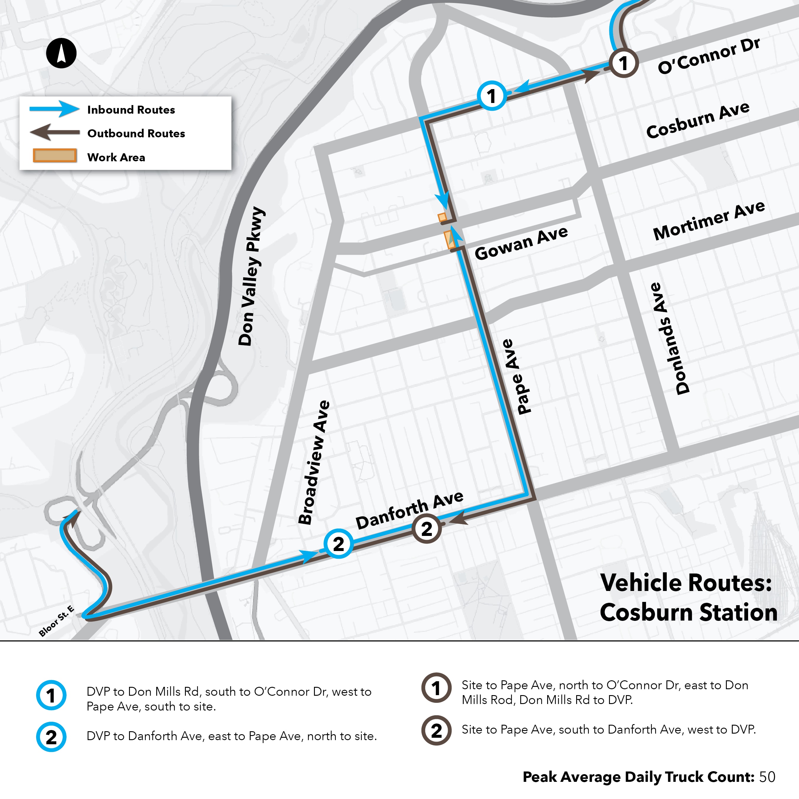 Maps of routes that construction trucks take to and from Ontario Line work sites