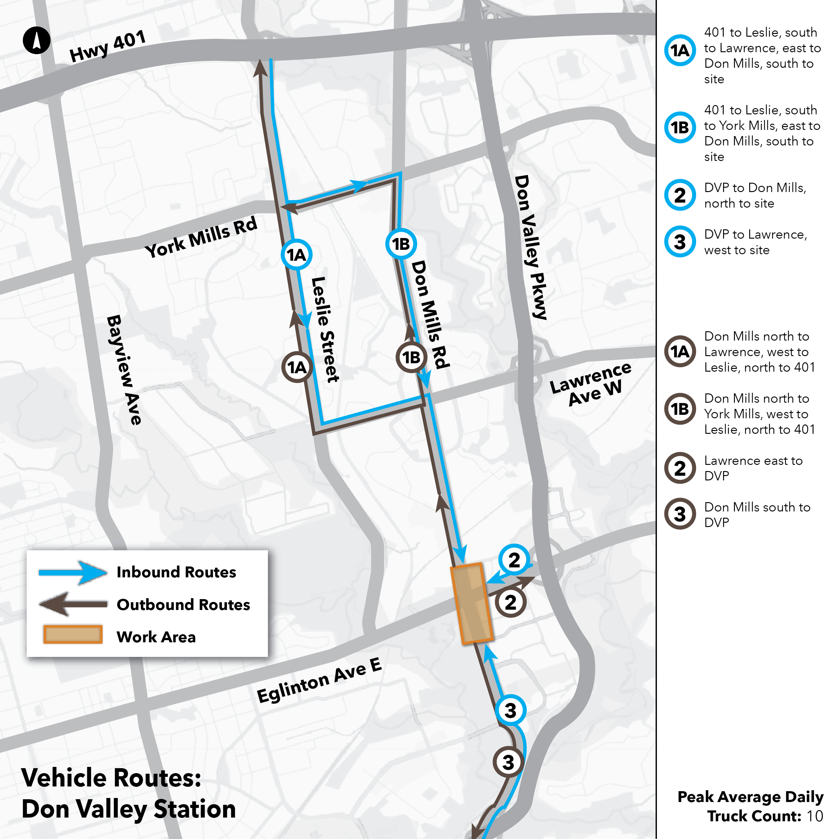 Maps of routes that construction trucks take to and from Ontario Line work sites