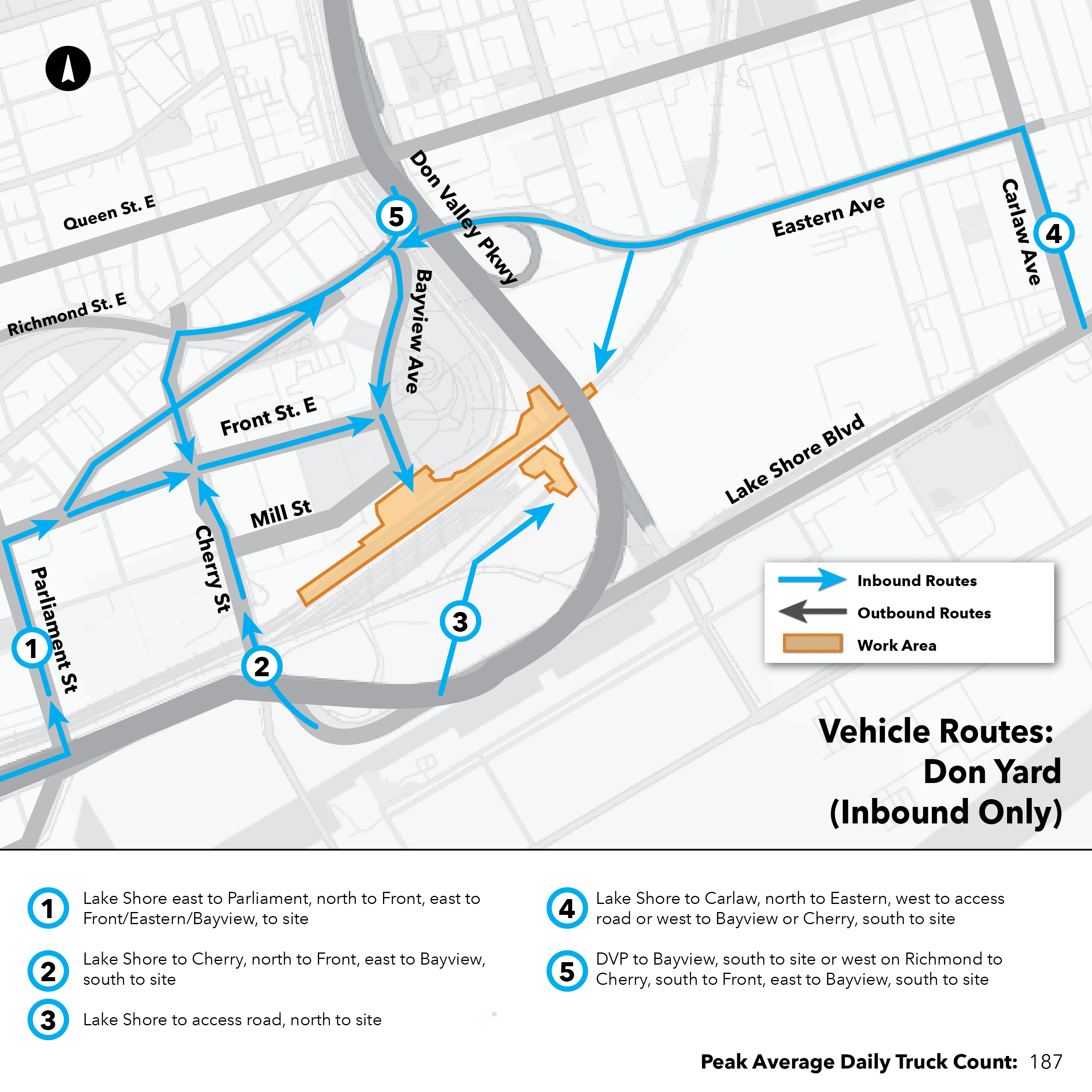 Maps of routes that construction trucks take to and from Ontario Line work sites
