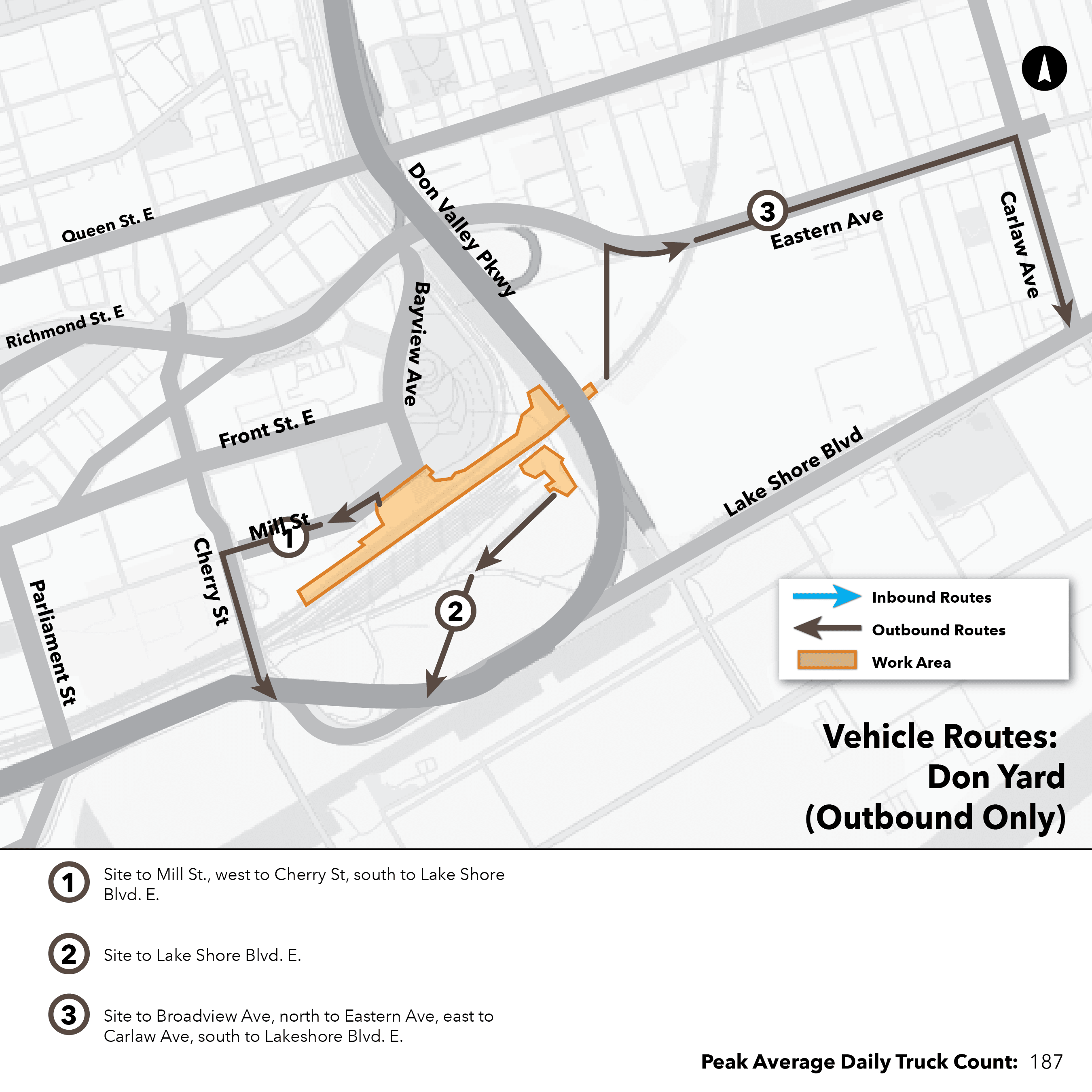Maps of routes that construction trucks take to and from Ontario Line work sites