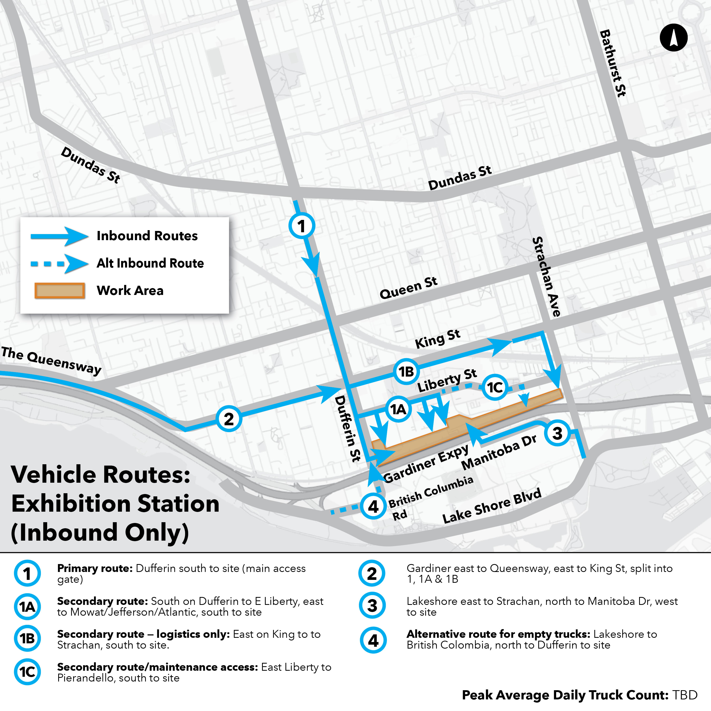 Maps of routes that construction trucks take to and from Ontario Line work sites