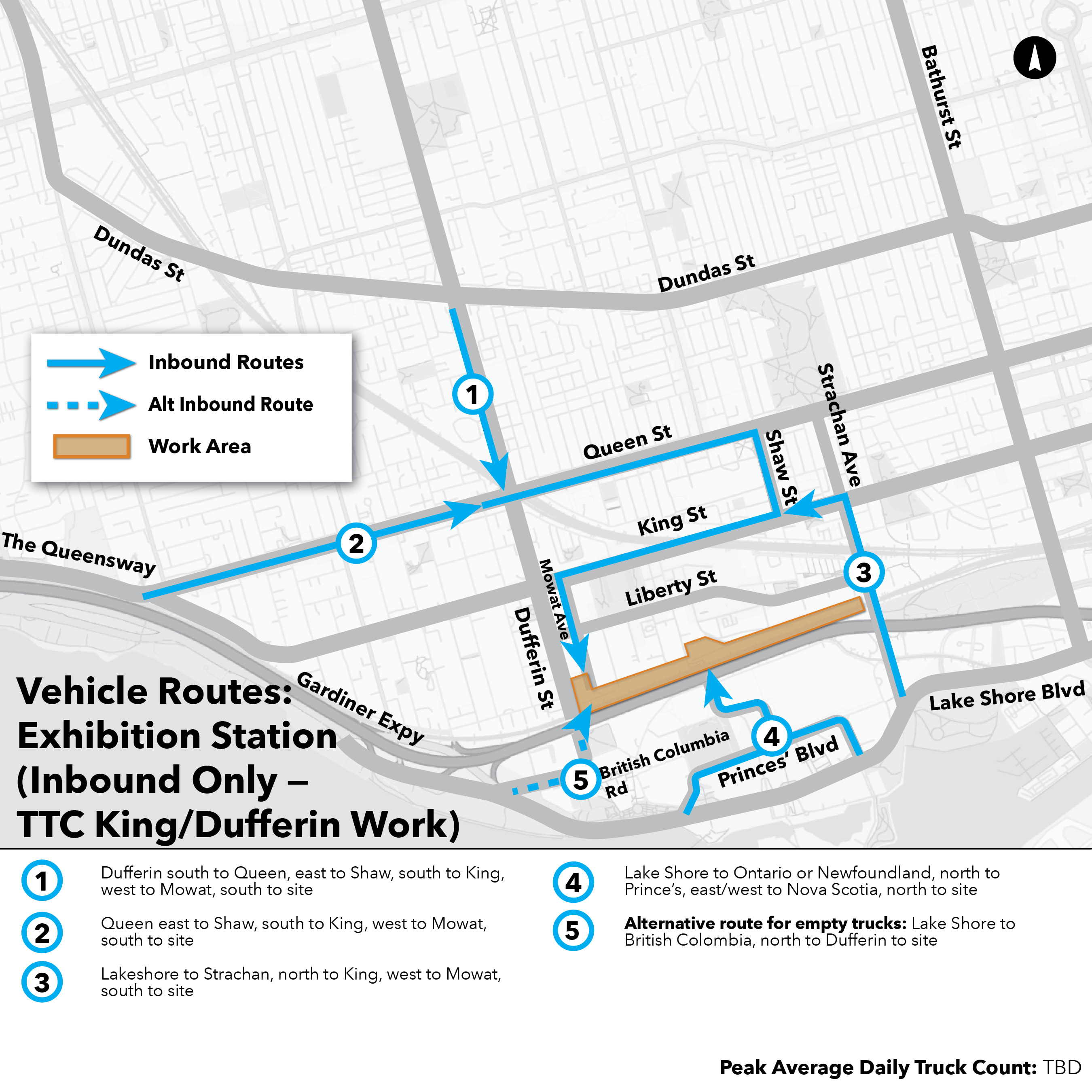 Maps of routes that construction trucks take to and from Ontario Line work sites