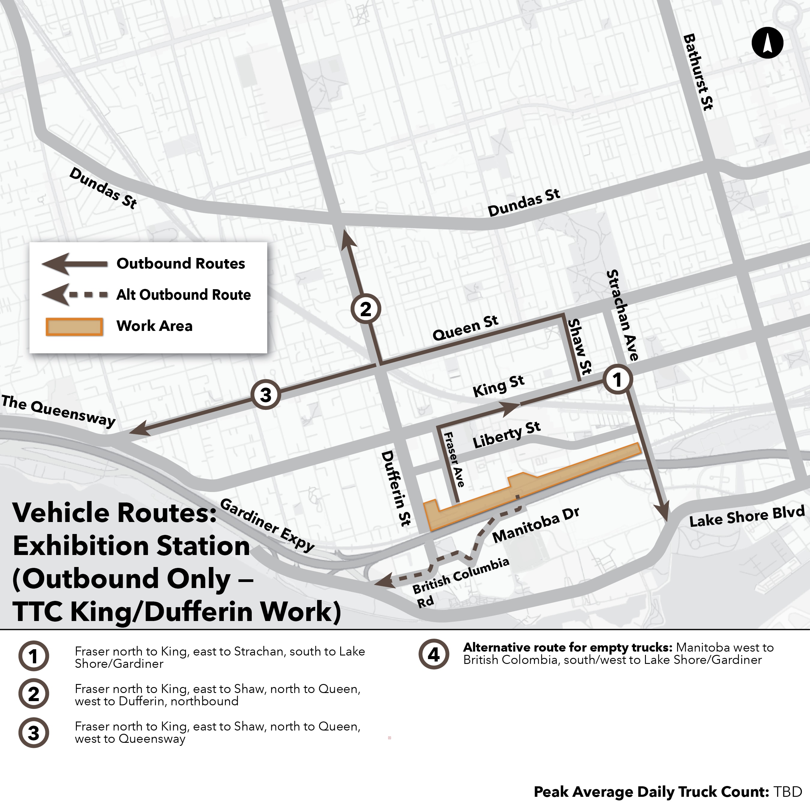 Maps of routes that construction trucks take to and from Ontario Line work sites