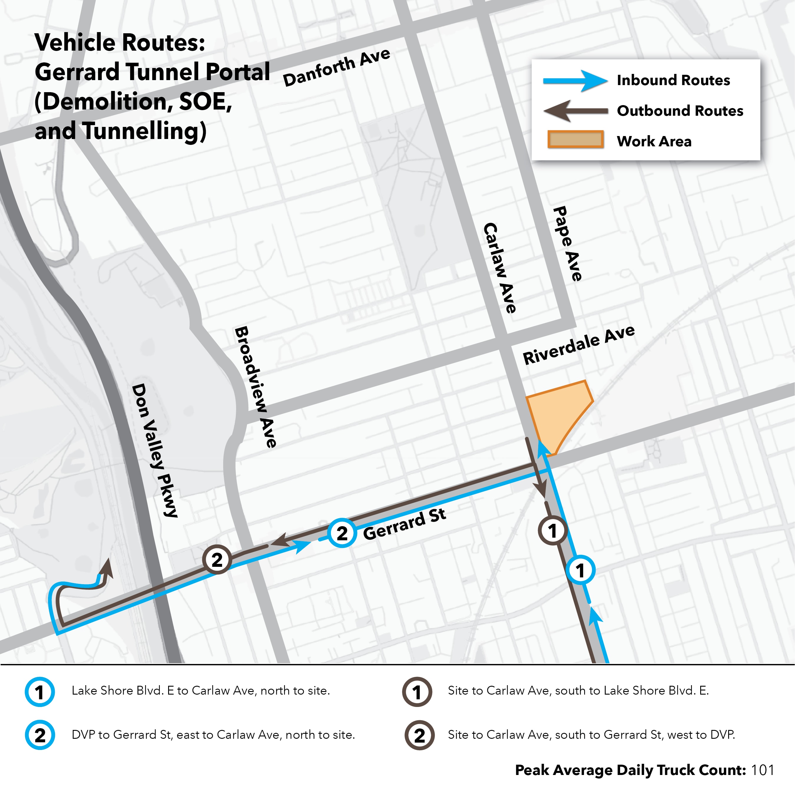 Maps of routes that construction trucks take to and from Ontario Line work sites