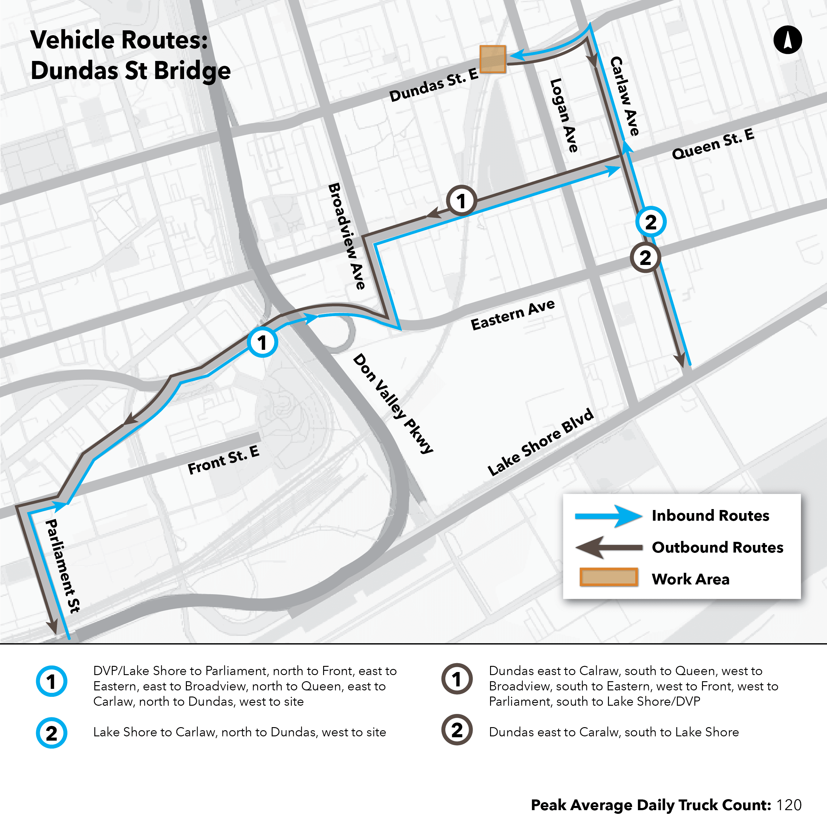 Maps of routes that construction trucks take to and from Ontario Line work sites