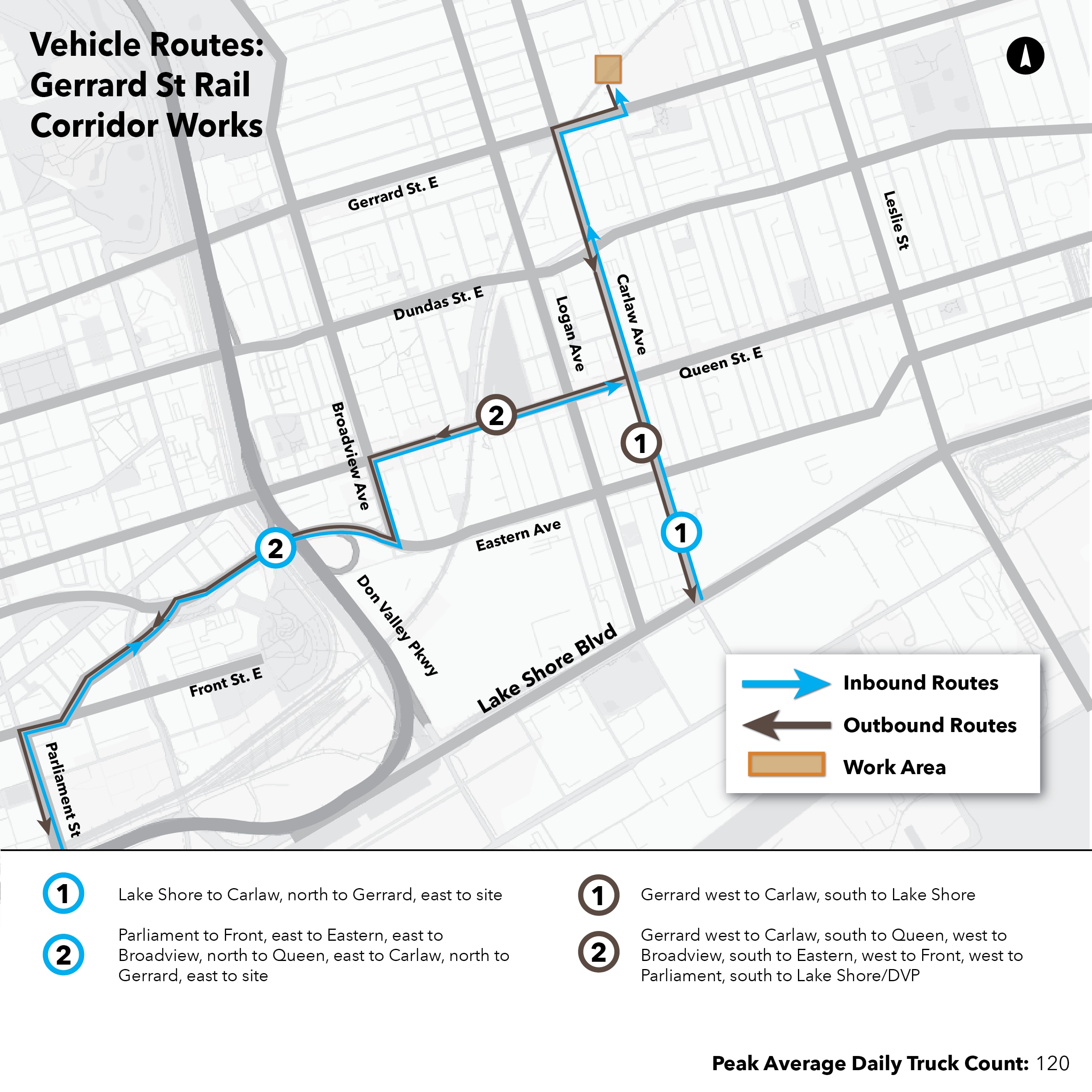 Maps of routes that construction trucks take to and from Ontario Line work sites