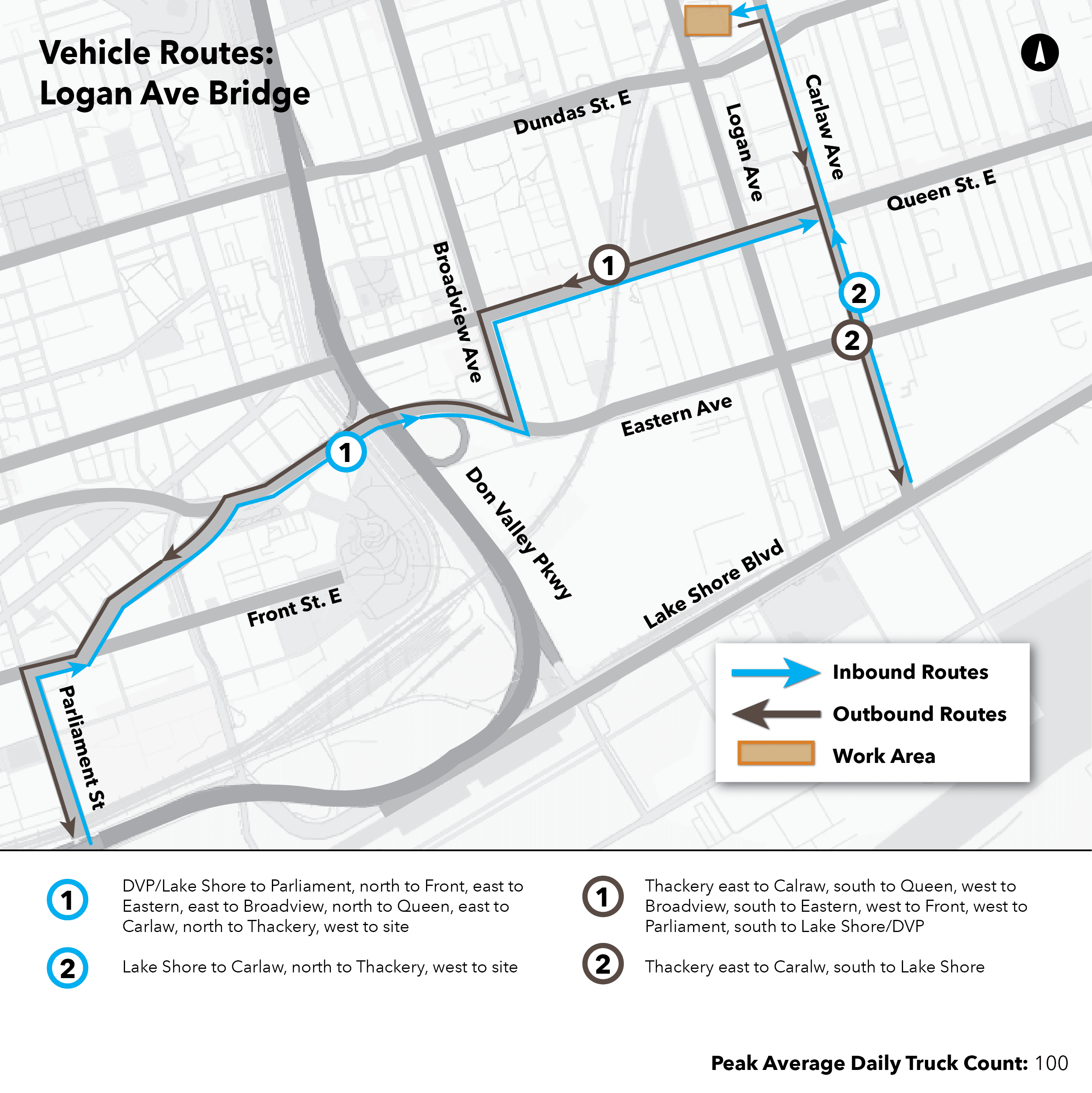 Maps of routes that construction trucks take to and from Ontario Line work sites