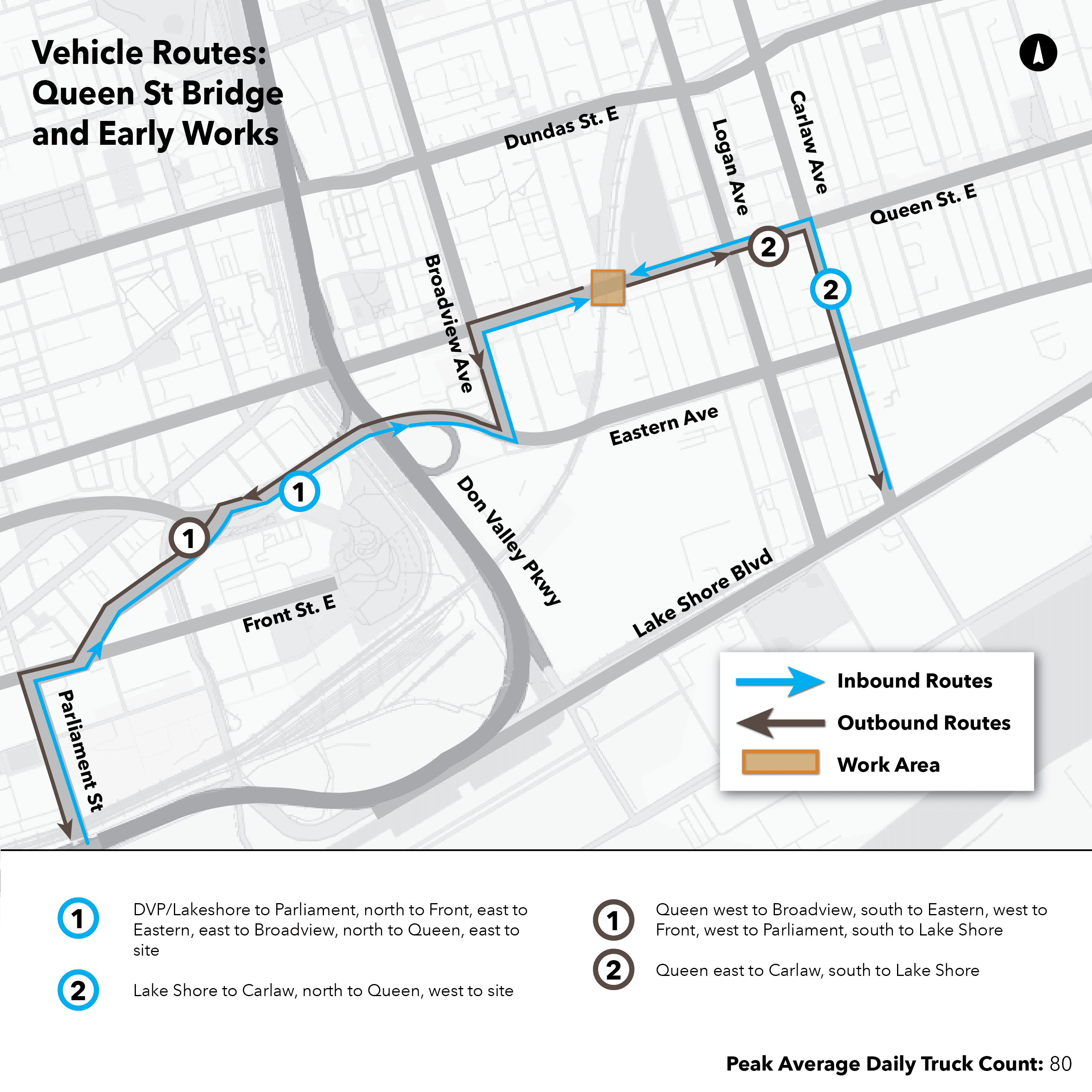 Maps of routes that construction trucks take to and from Ontario Line work sites