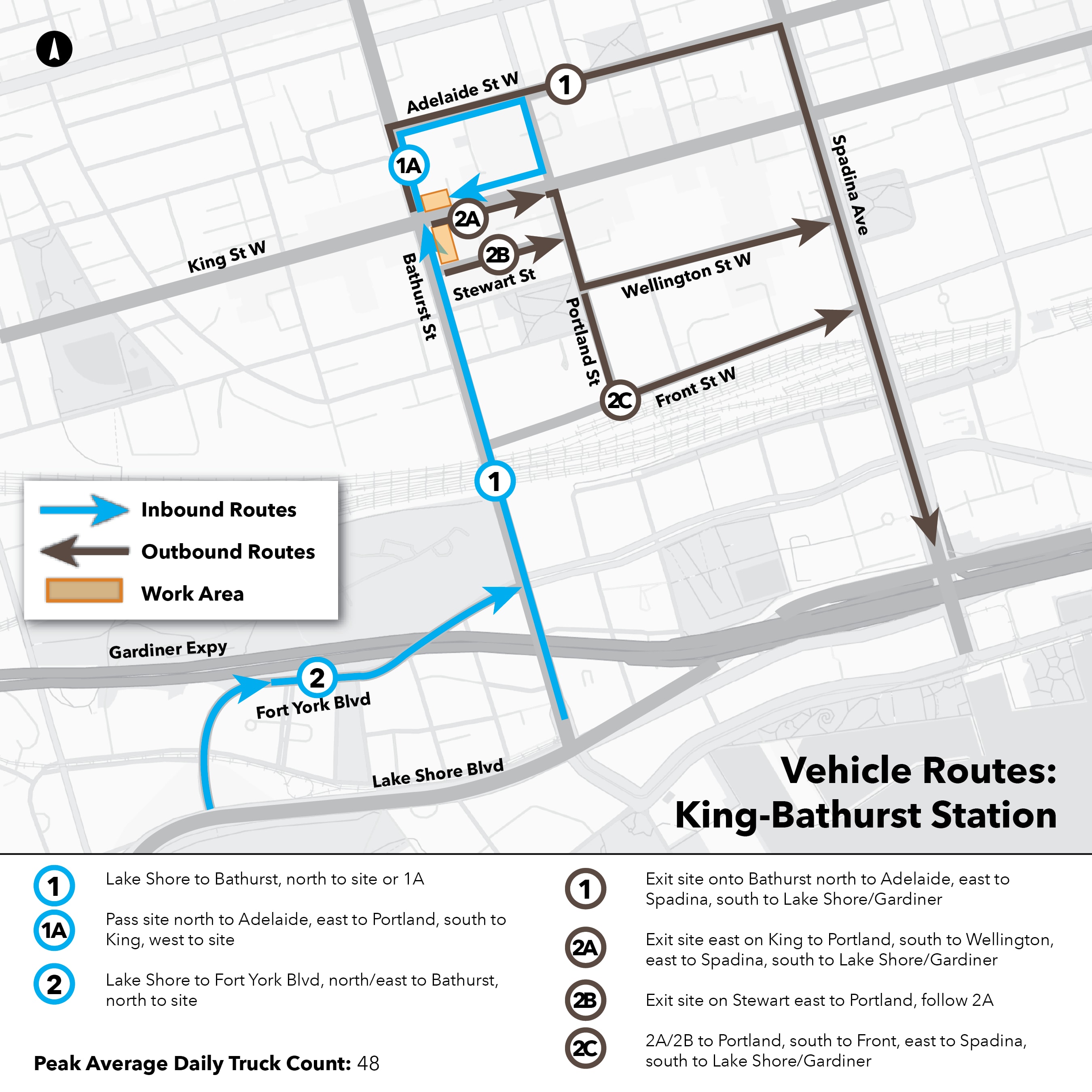 Maps of routes that construction trucks take to and from Ontario Line work sites