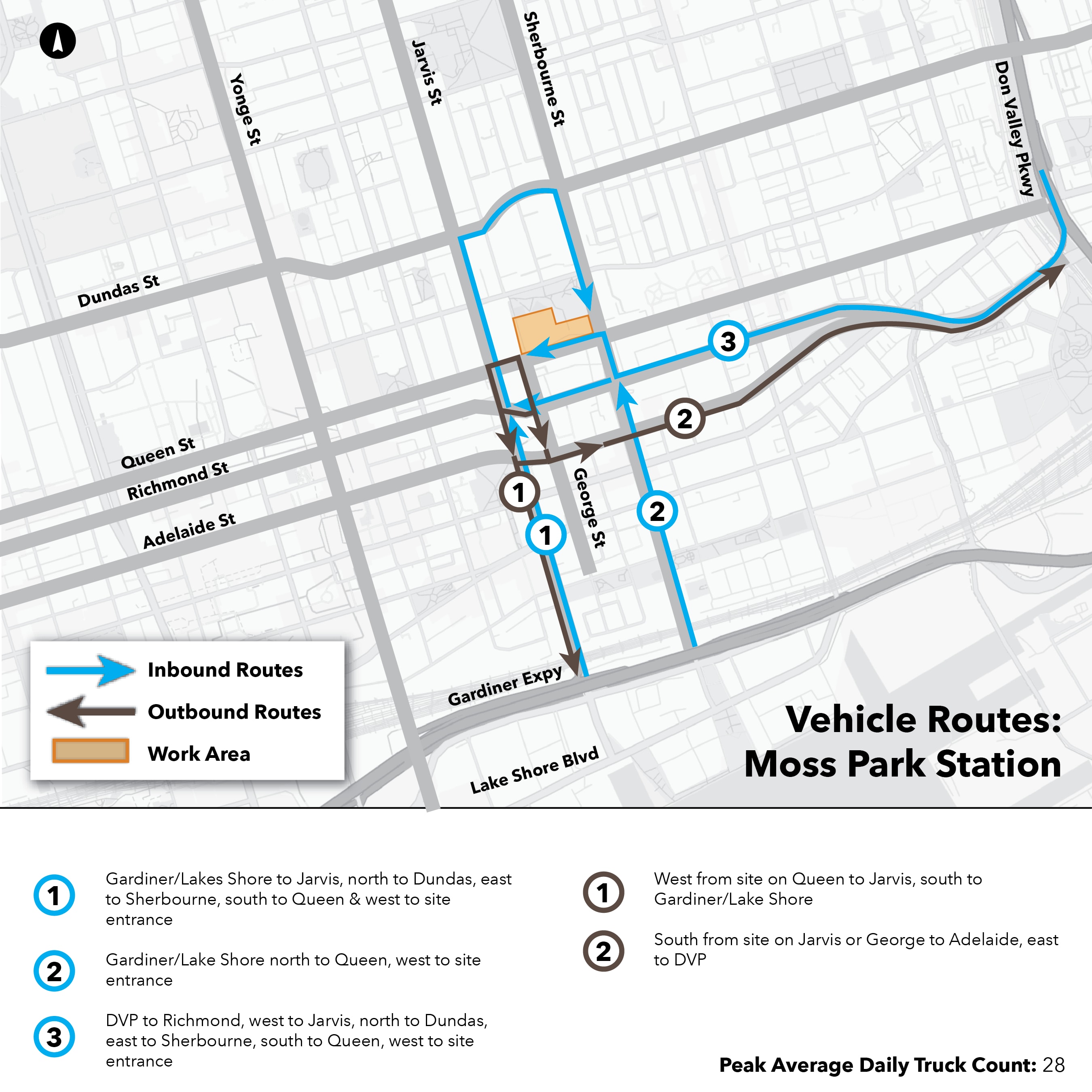 Maps of routes that construction trucks take to and from Ontario Line work sites